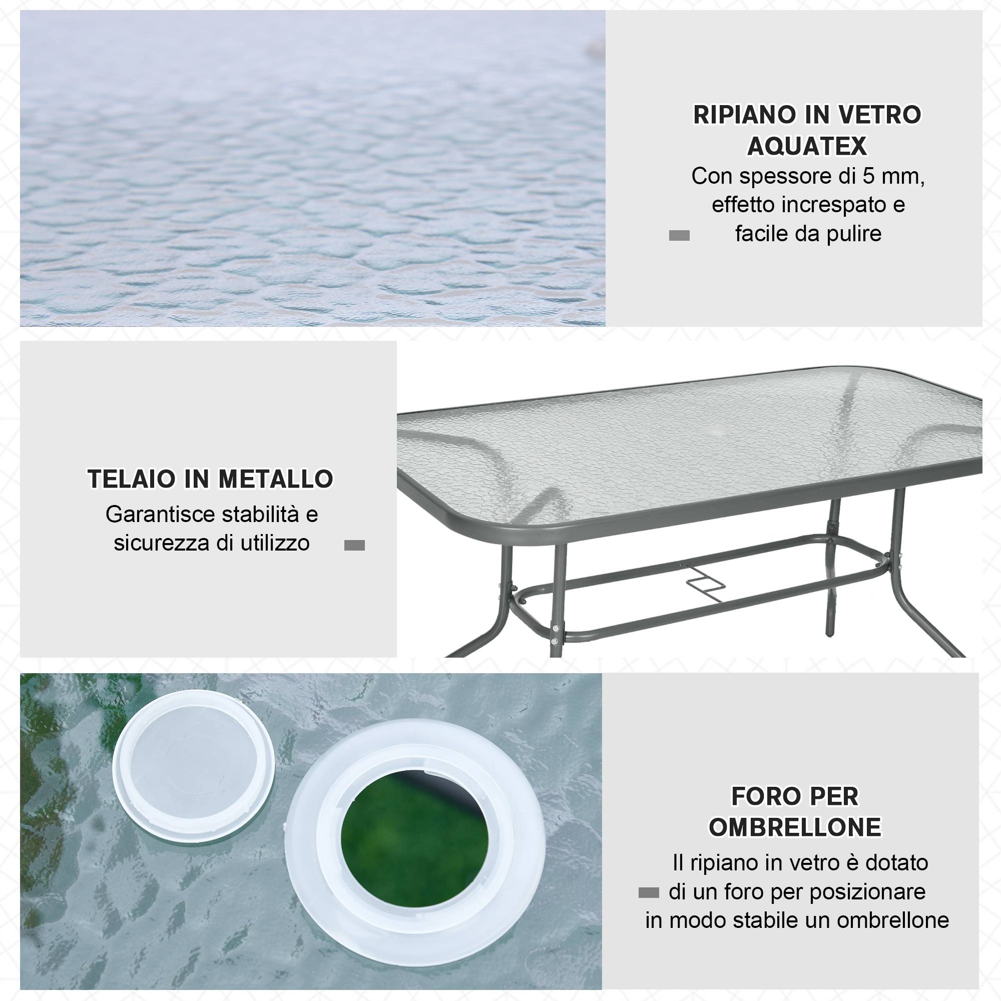 ComfortXL - Grande Table de Jardin Métal Verre Trempé Terrasse Trou Parasol 140x80cm - ComfortXL Outdoor Living - Image 6
