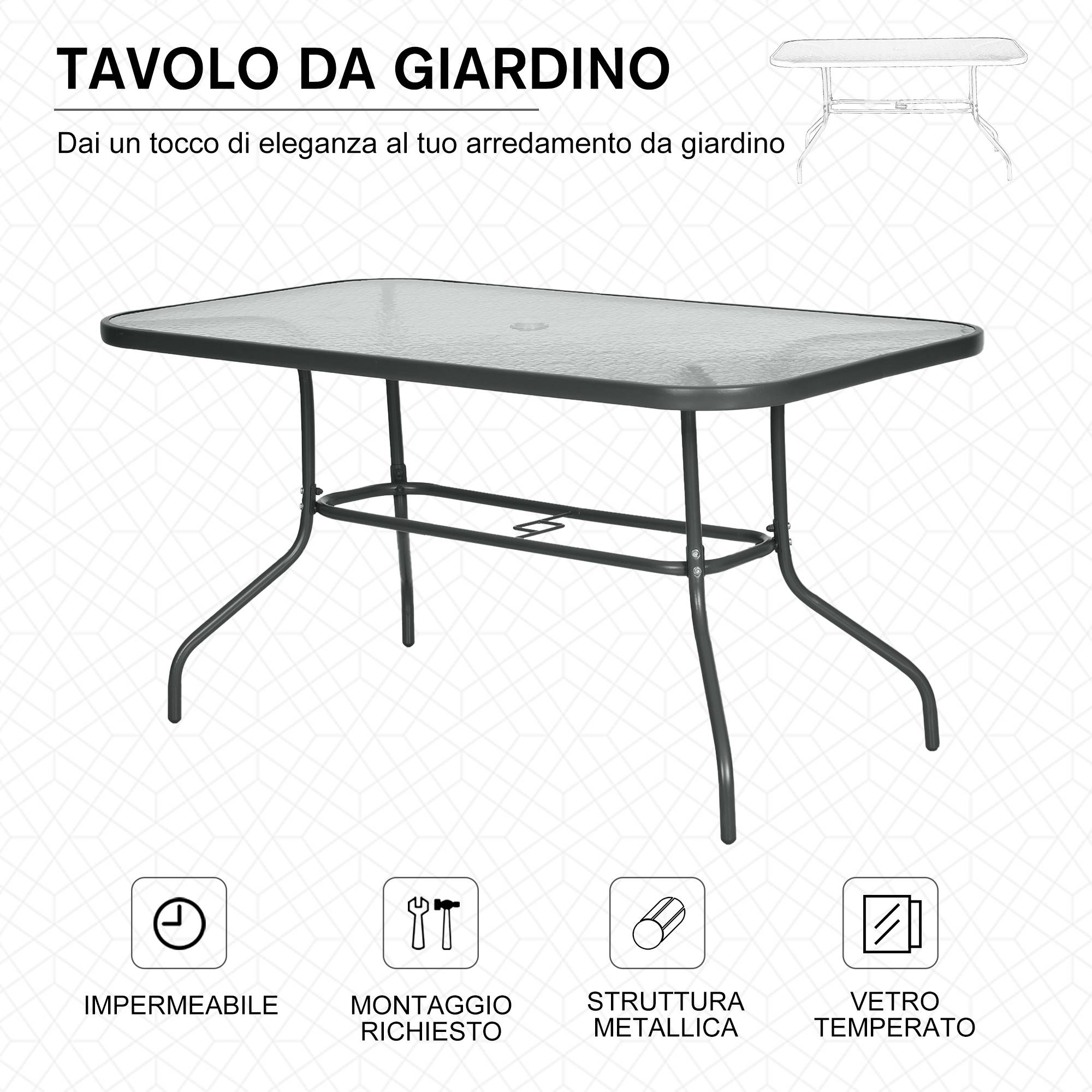 ComfortXL - Grande Table de Jardin Métal Verre Trempé Terrasse Trou Parasol 140x80cm - ComfortXL Outdoor Living - Image 8