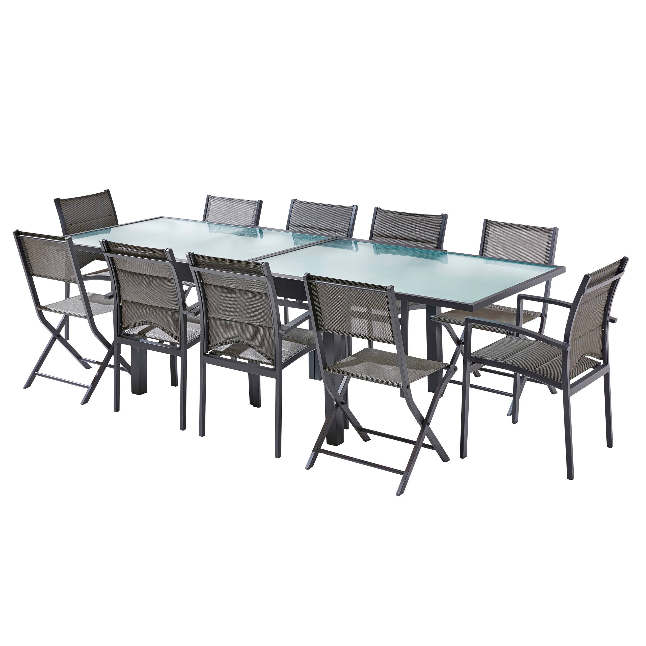 Wilsa Garden - Ensemble MODULO 6/10p en aluminium gris et verre transparent et 10 fauteuils en aluminium et assise textilène - Image 1