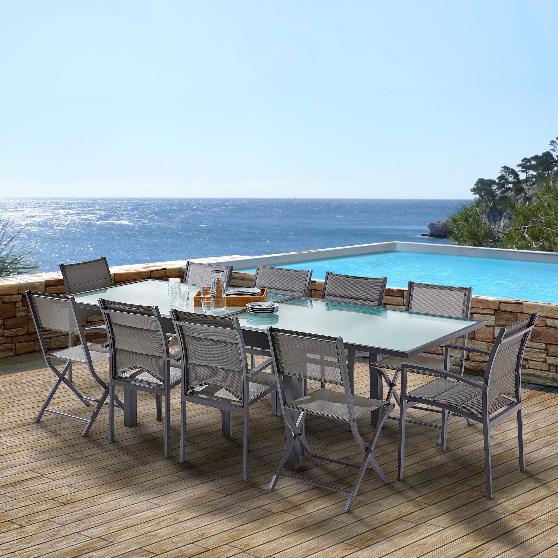Wilsa Garden - Ensemble MODULO 6/10p en aluminium gris et verre transparent et 10 fauteuils en aluminium et assise textilène - Image 2