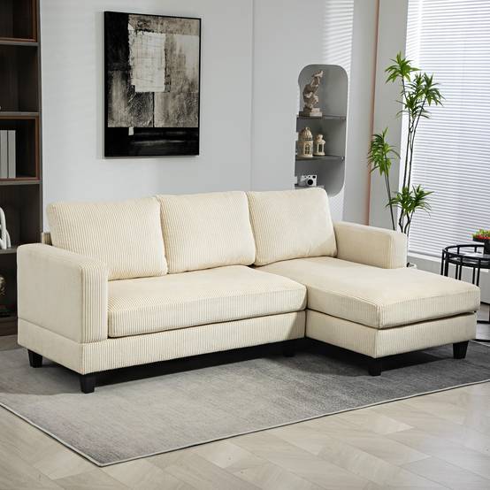 Canapé d'angle en velours côtelé 3 places avec méridienne et coussin à ressorts épais, largeur 214 cm, beige - Image 3