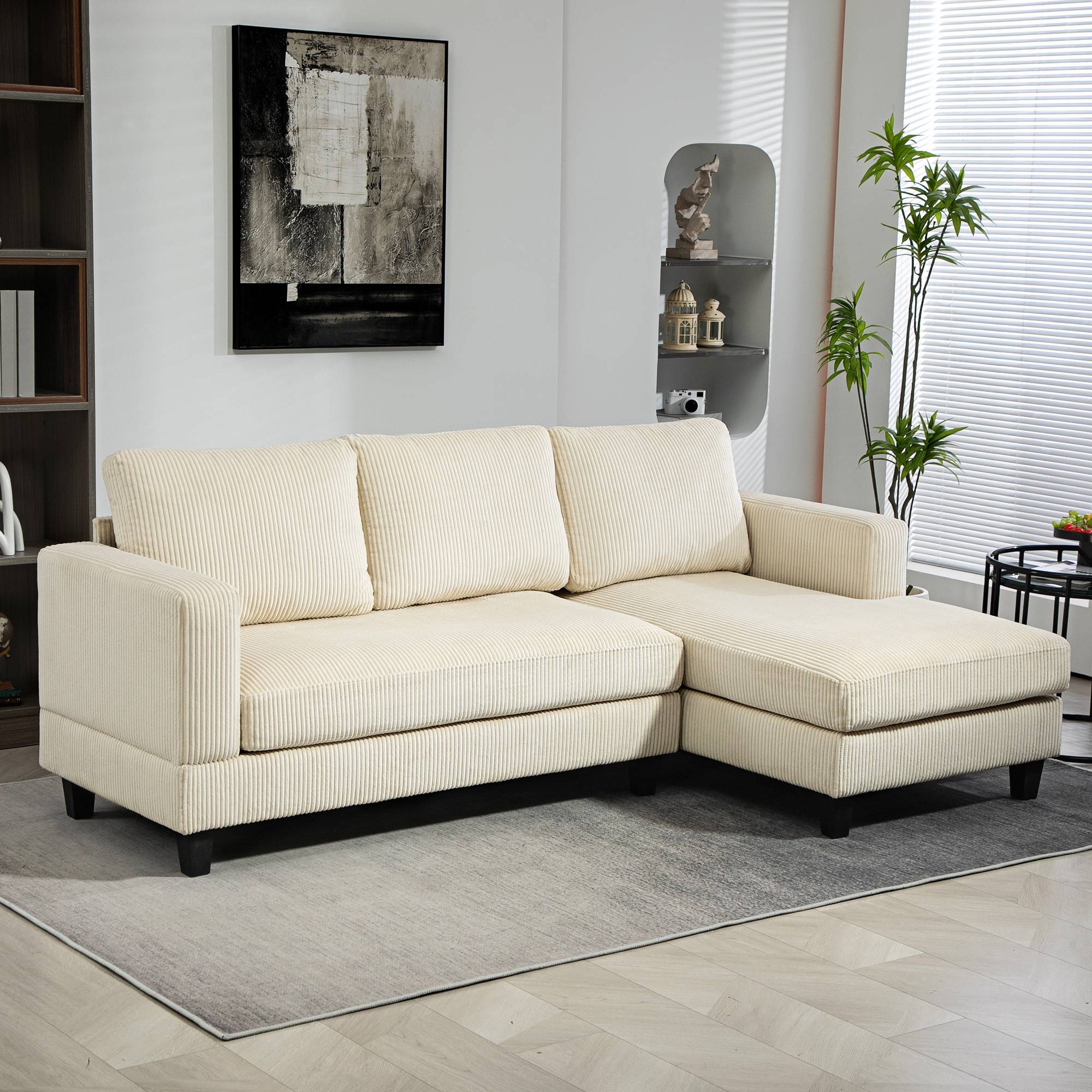 Canapé d'angle en velours côtelé 3 places avec méridienne et coussin à ressorts épais, largeur 214 cm, beige - Image 3