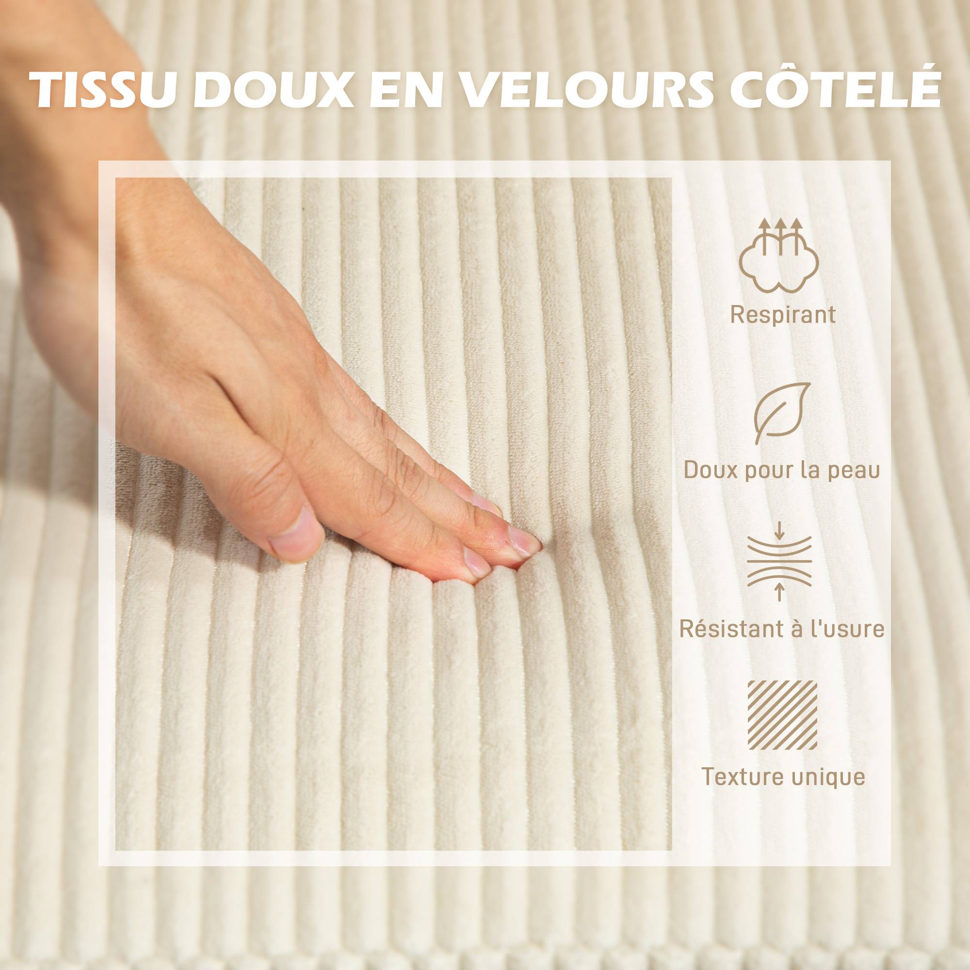Canapé d'angle en velours côtelé 3 places avec méridienne et coussin à ressorts épais, largeur 214 cm, beige - Image 8