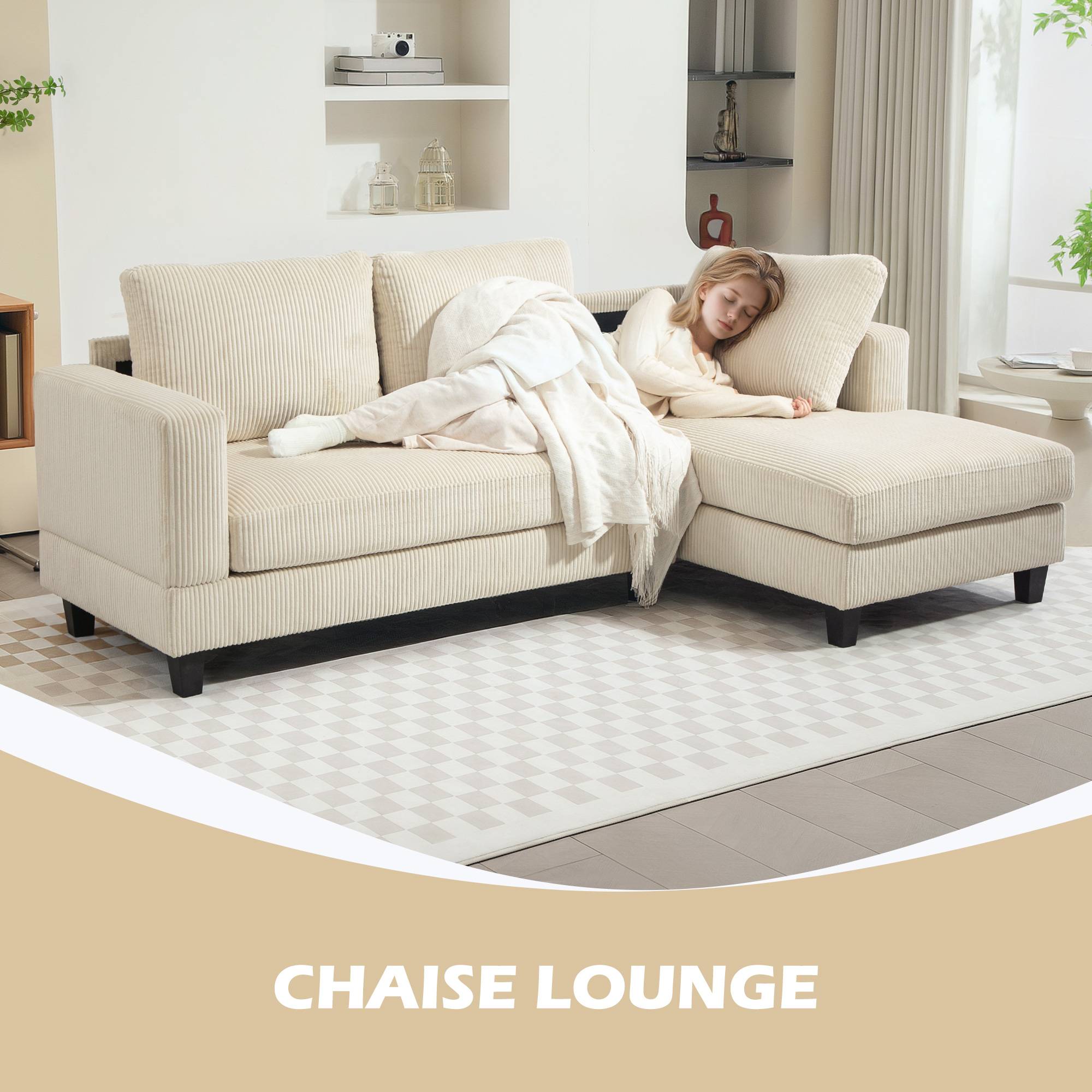 Canapé d'angle en velours côtelé 3 places avec méridienne et coussin à ressorts épais, largeur 214 cm, beige - Image 6