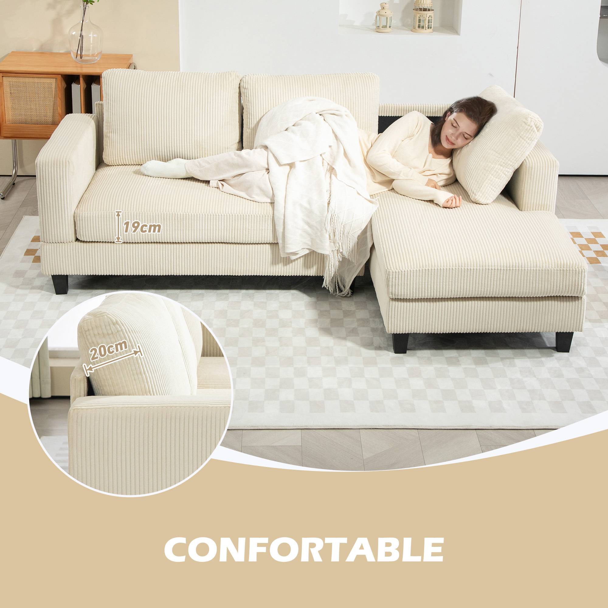 Canapé d'angle en velours côtelé 3 places avec méridienne et coussin à ressorts épais, largeur 214 cm, beige - Image 9