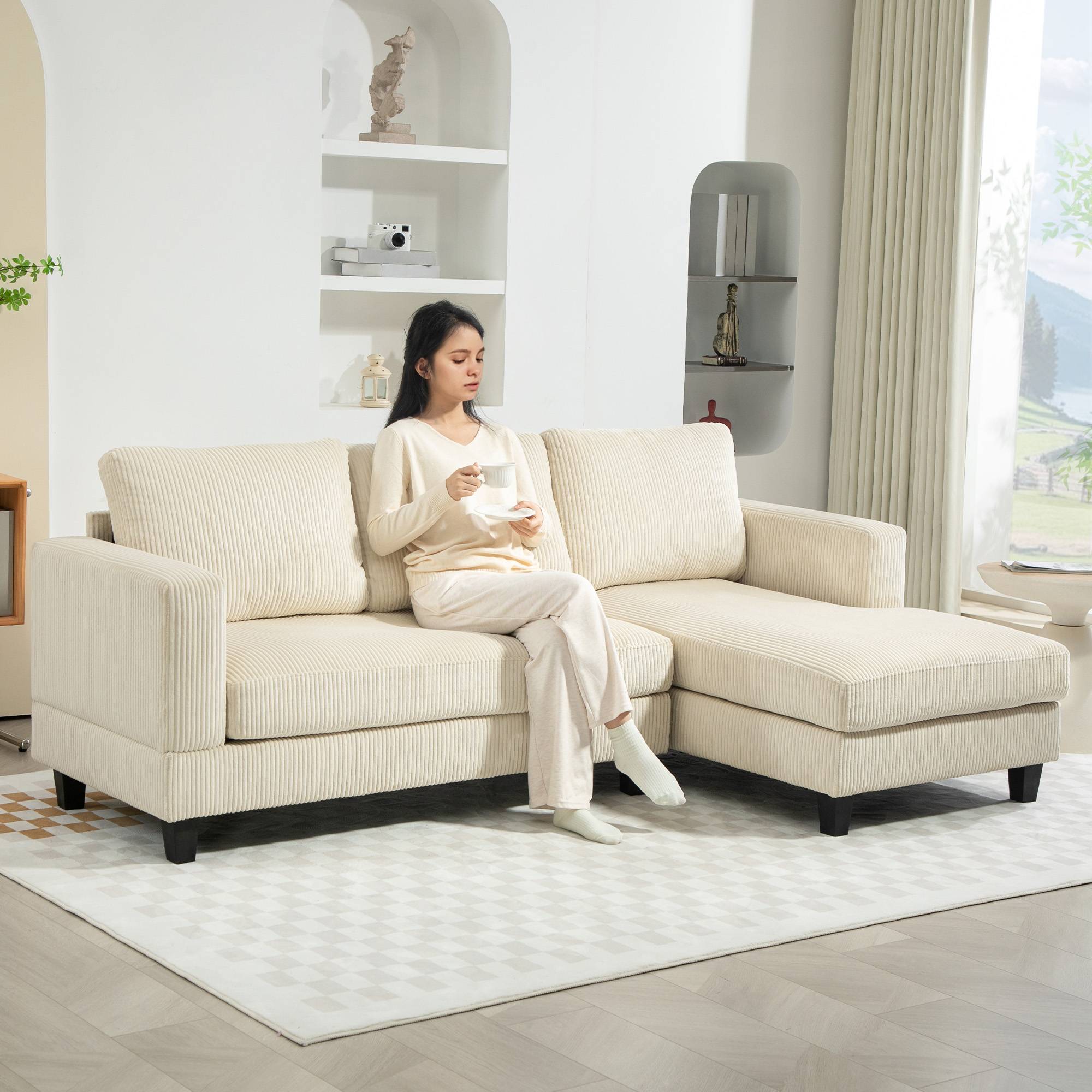 Canapé d'angle en velours côtelé 3 places avec méridienne et coussin à ressorts épais, largeur 214 cm, beige - Image 4