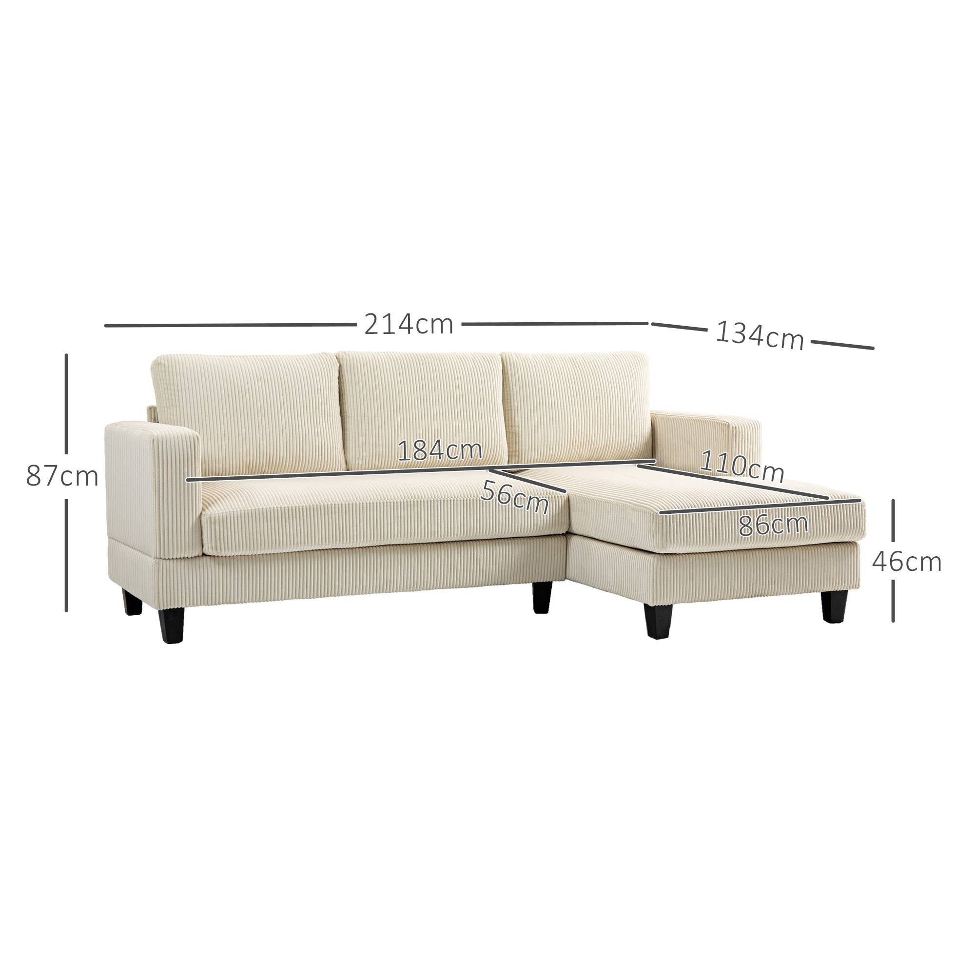 Canapé d'angle en velours côtelé 3 places avec méridienne et coussin à ressorts épais, largeur 214 cm, beige - Image 5