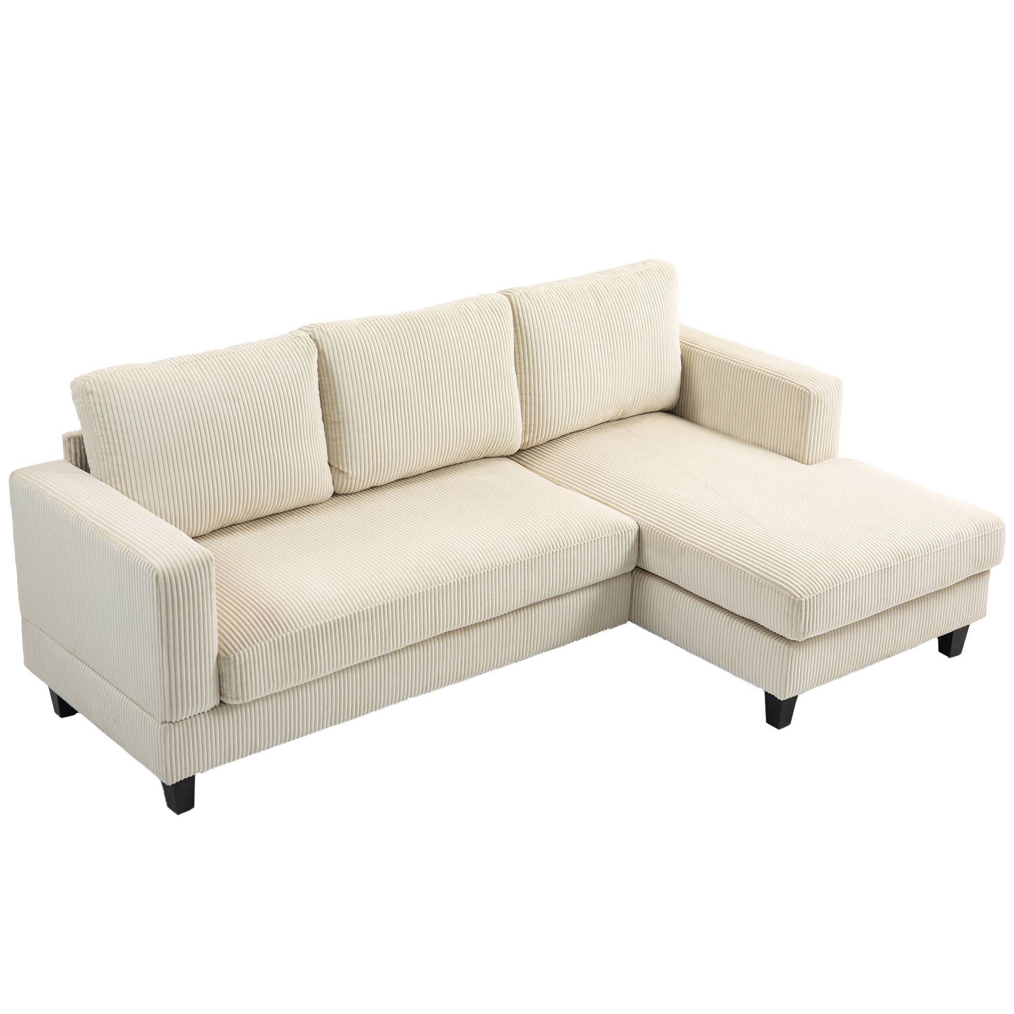 Canapé d'angle en velours côtelé 3 places avec méridienne et coussin à ressorts épais, largeur 214 cm, beige - Image 1