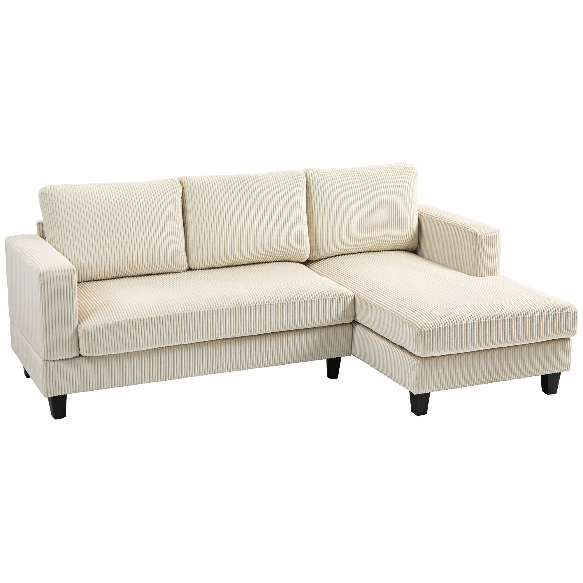 Canapé d'angle en velours côtelé 3 places avec méridienne et coussin à ressorts épais, largeur 214 cm, beige - Image 2