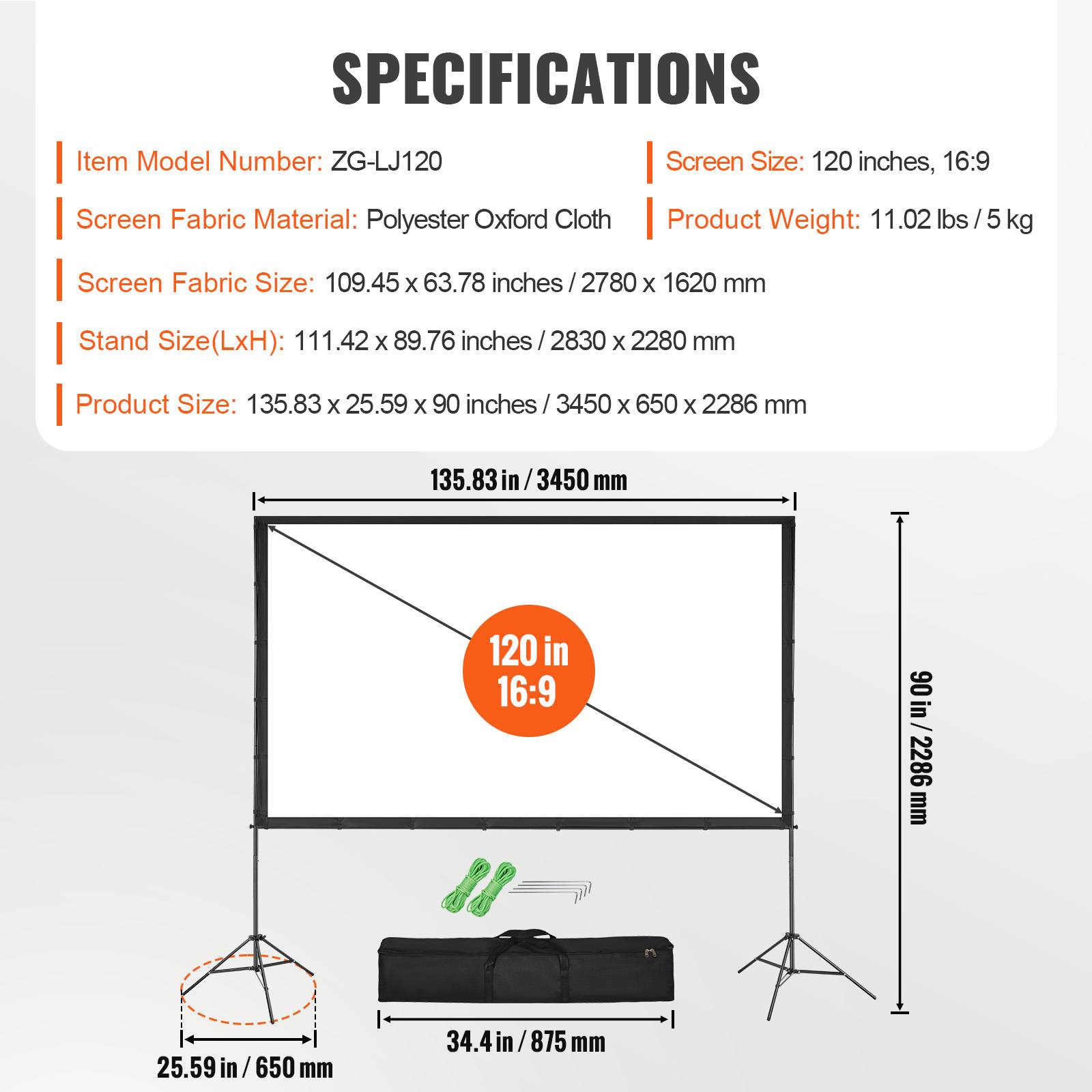 Vevor - VEVOR Écran projection sur pied portable 120 pouces 16:9 HD, double face anti-plis, sac. - Image 7