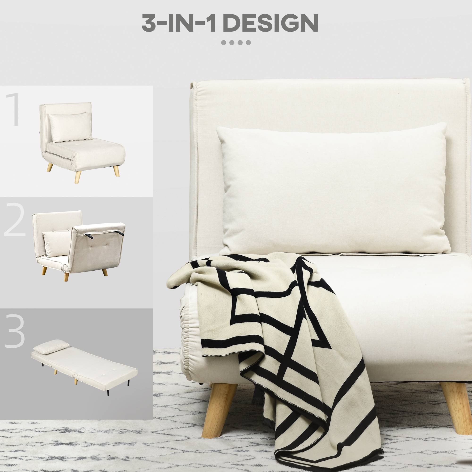 Fauteuil convertible, dossier réglable 6 positions, aspect lin, jusqu'à 120 kg, crème - Image 8