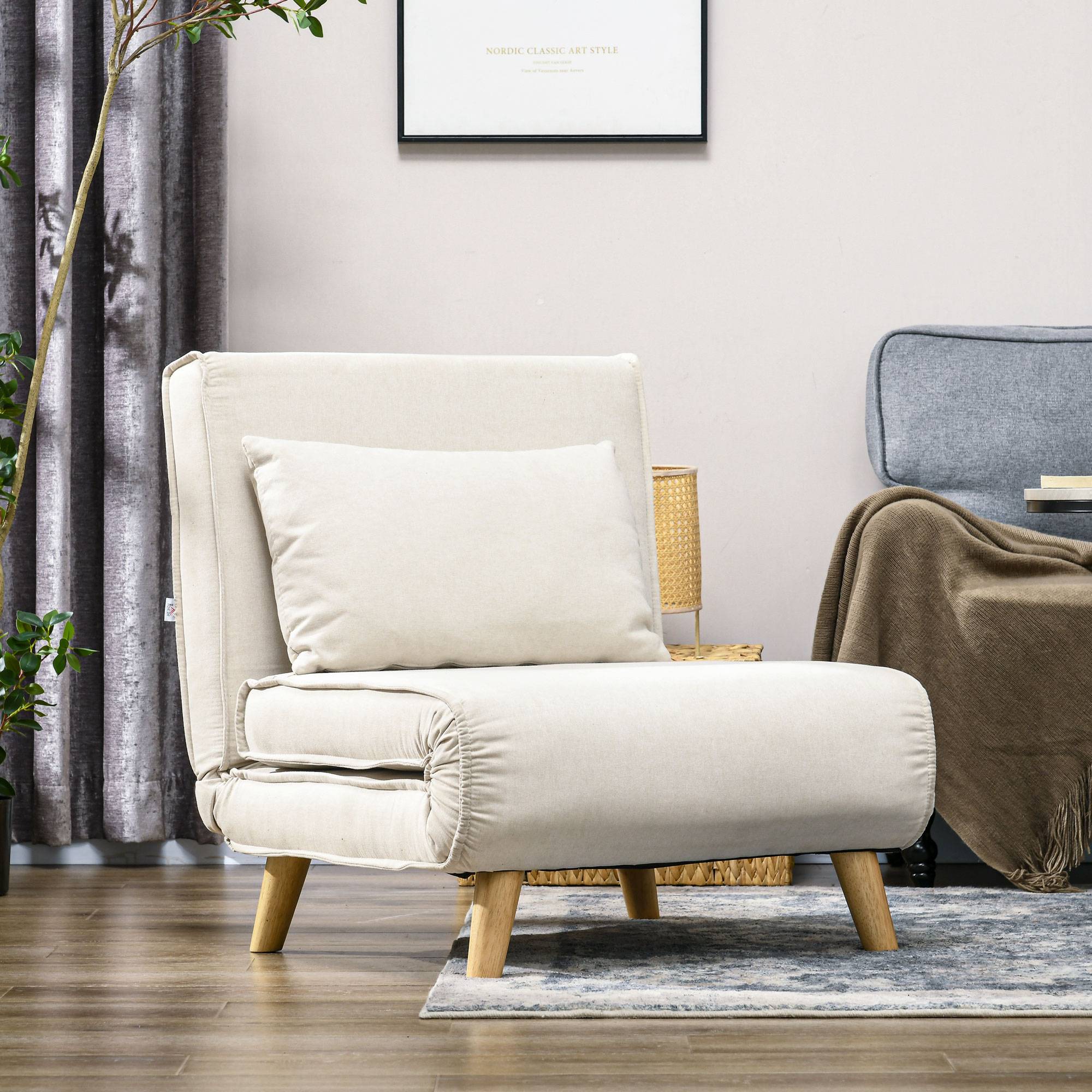 Fauteuil convertible, dossier réglable 6 positions, aspect lin, jusqu'à 120 kg, crème - Image 4