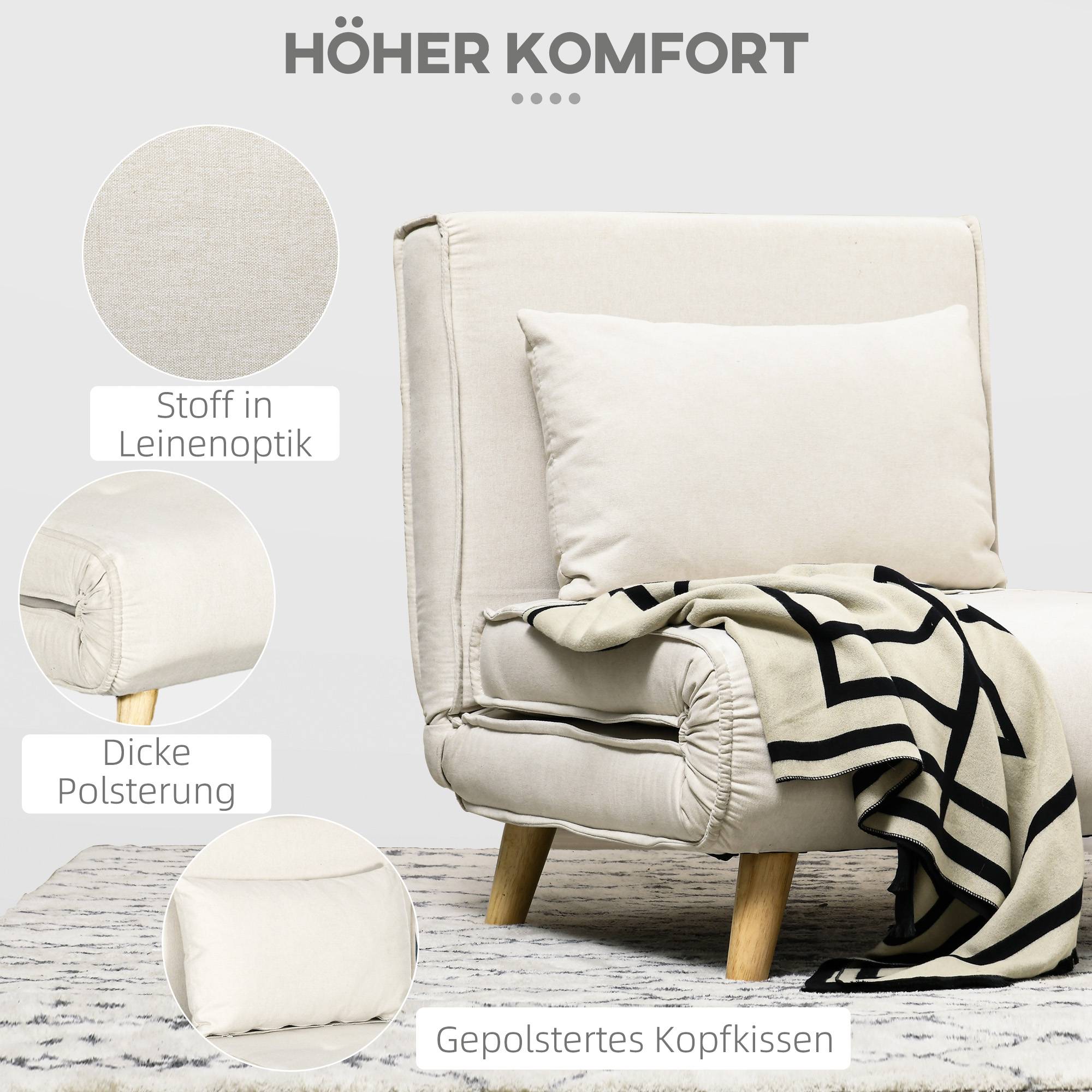 Fauteuil convertible, dossier réglable 6 positions, aspect lin, jusqu'à 120 kg, crème - Image 6