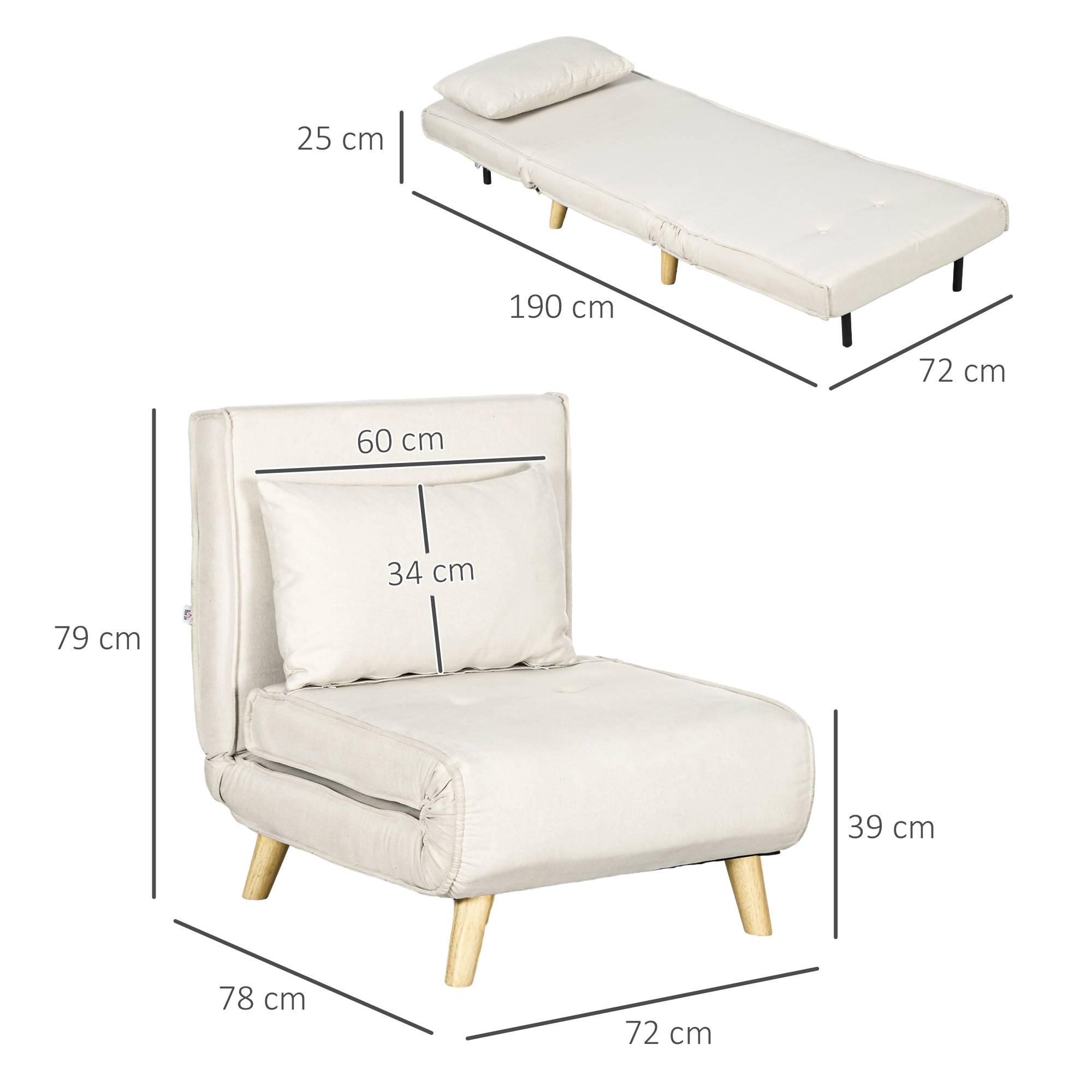 Fauteuil convertible, dossier réglable 6 positions, aspect lin, jusqu'à 120 kg, crème - Image 5