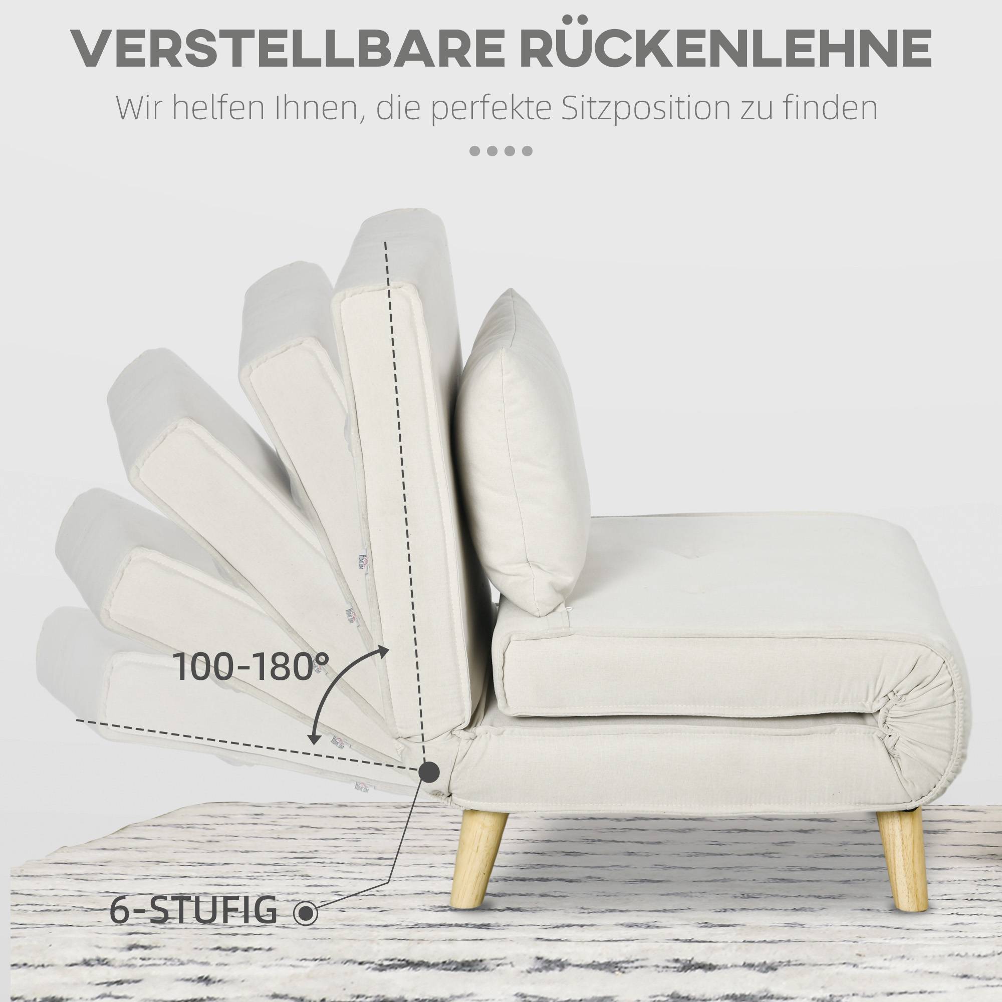Fauteuil convertible, dossier réglable 6 positions, aspect lin, jusqu'à 120 kg, crème - Image 7