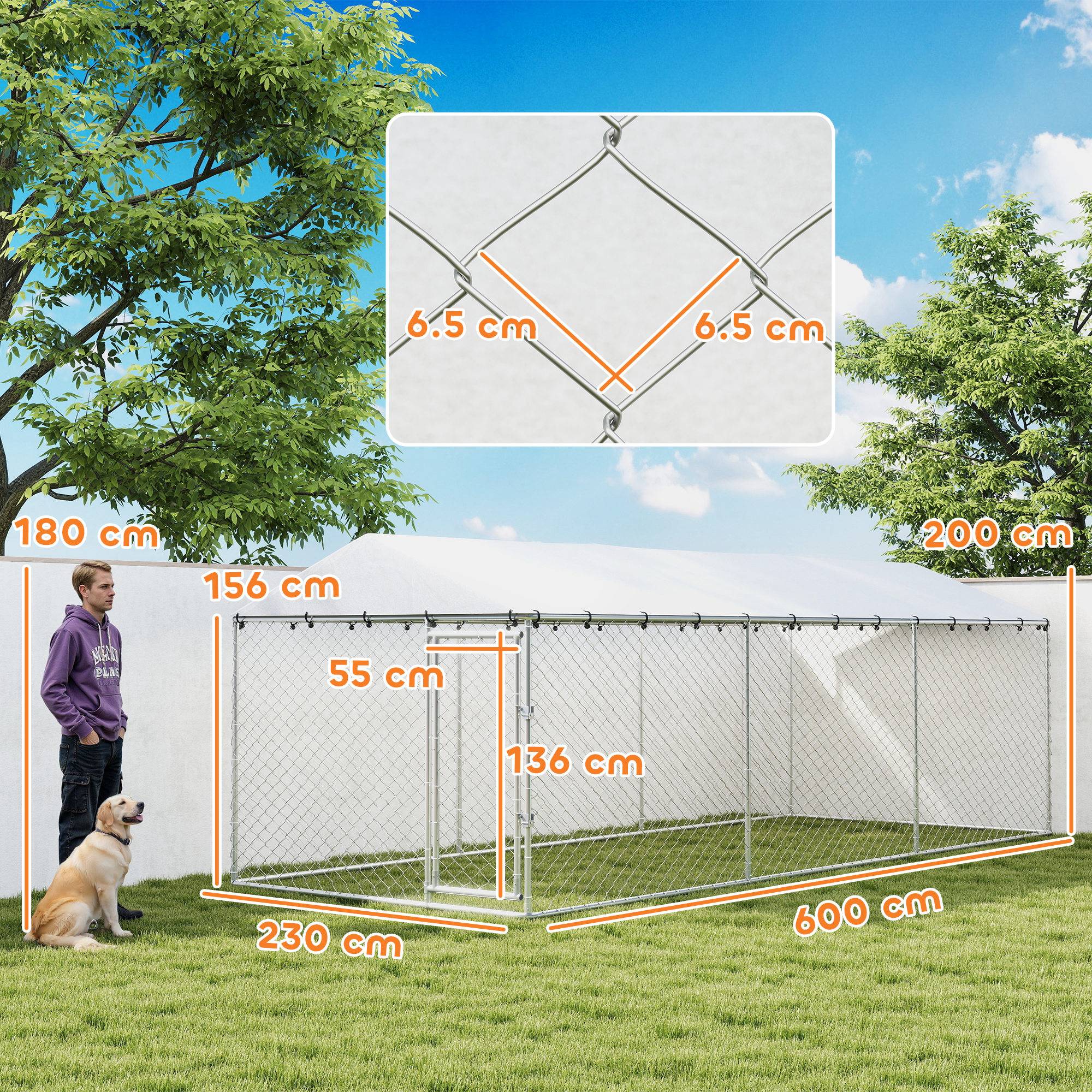 Parc extérieur pour chien avec filet galvanisé et système de verrouillage, acier et tissu Oxford, 6 x 2,3 x 2 m, argent - Image 5