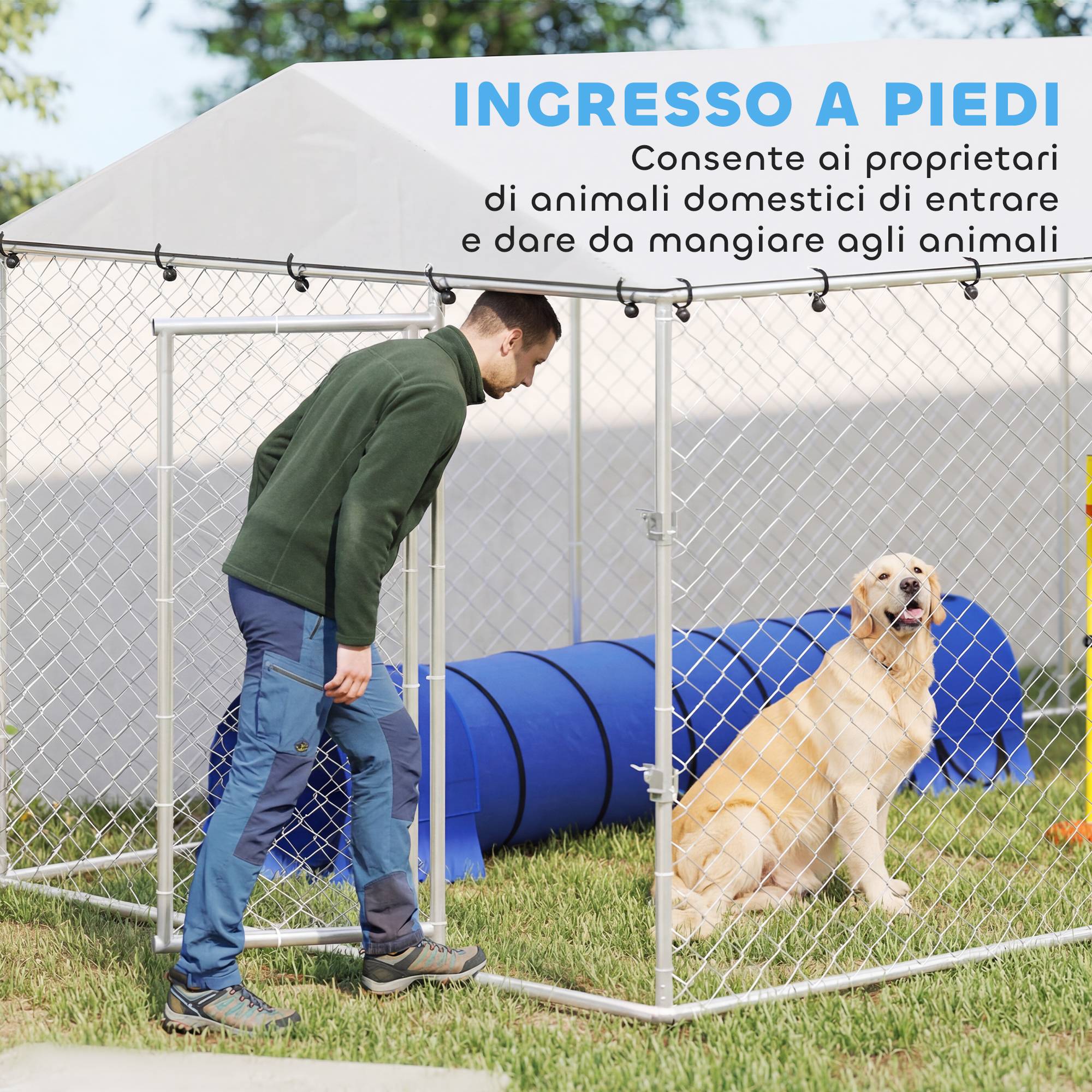 Parc extérieur pour chien avec filet galvanisé et système de verrouillage, acier et tissu Oxford, 6 x 2,3 x 2 m, argent - Image 10