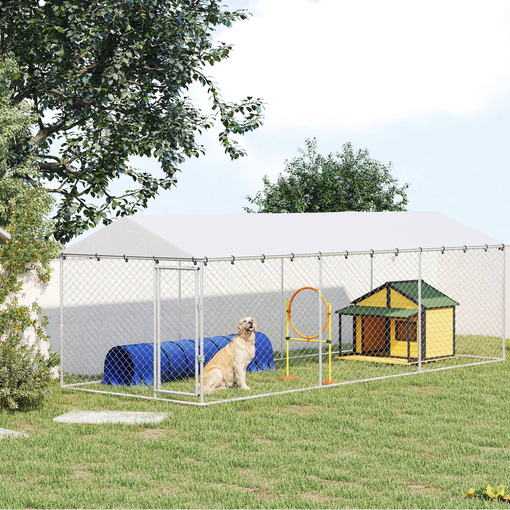 Parc extérieur pour chien avec filet galvanisé et système de verrouillage, acier et tissu Oxford, 6 x 2,3 x 2 m, argent - Image 3