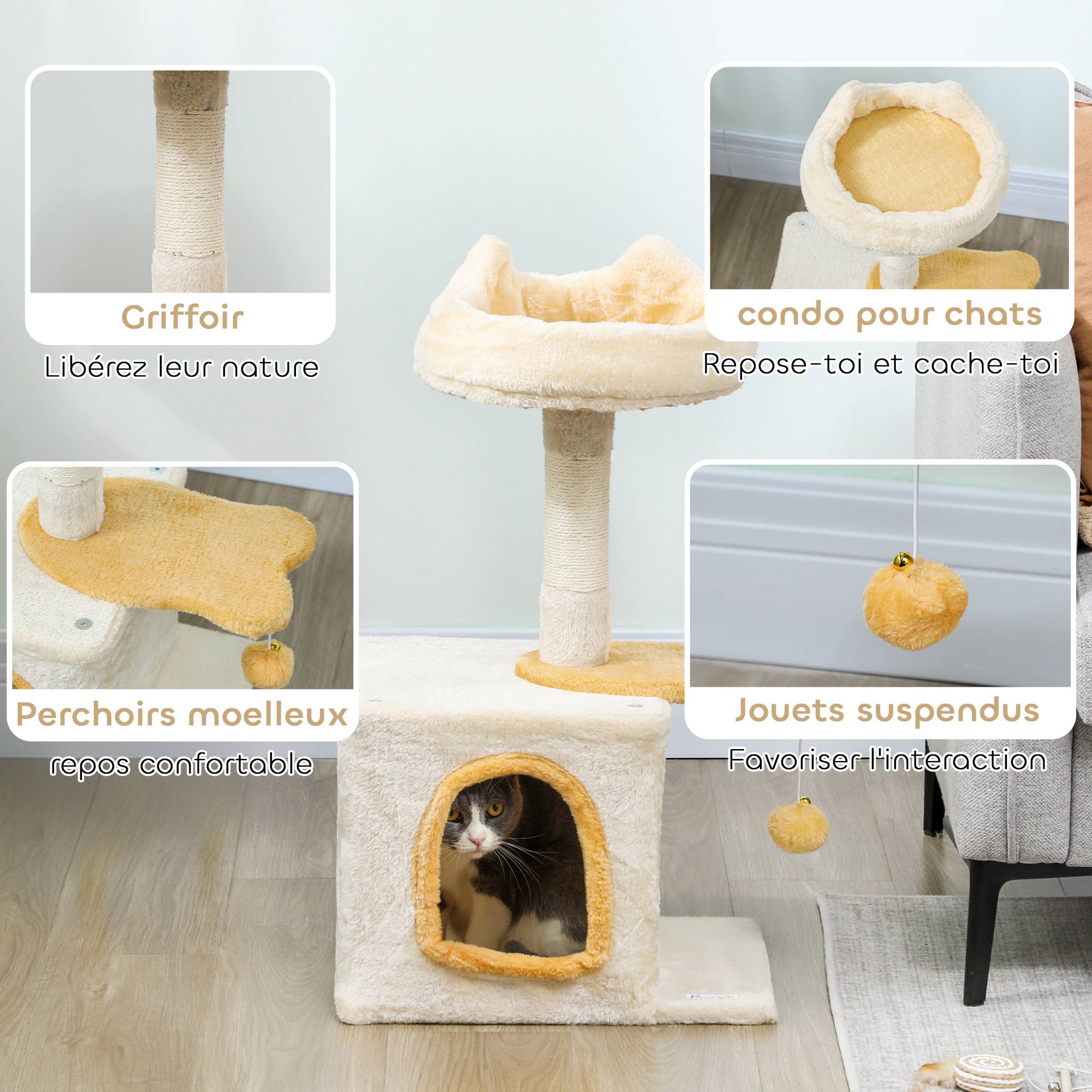 Arbre à chat sisal et peluche beige 40 x 30 x 72 cm - PANGIVO - Image 7