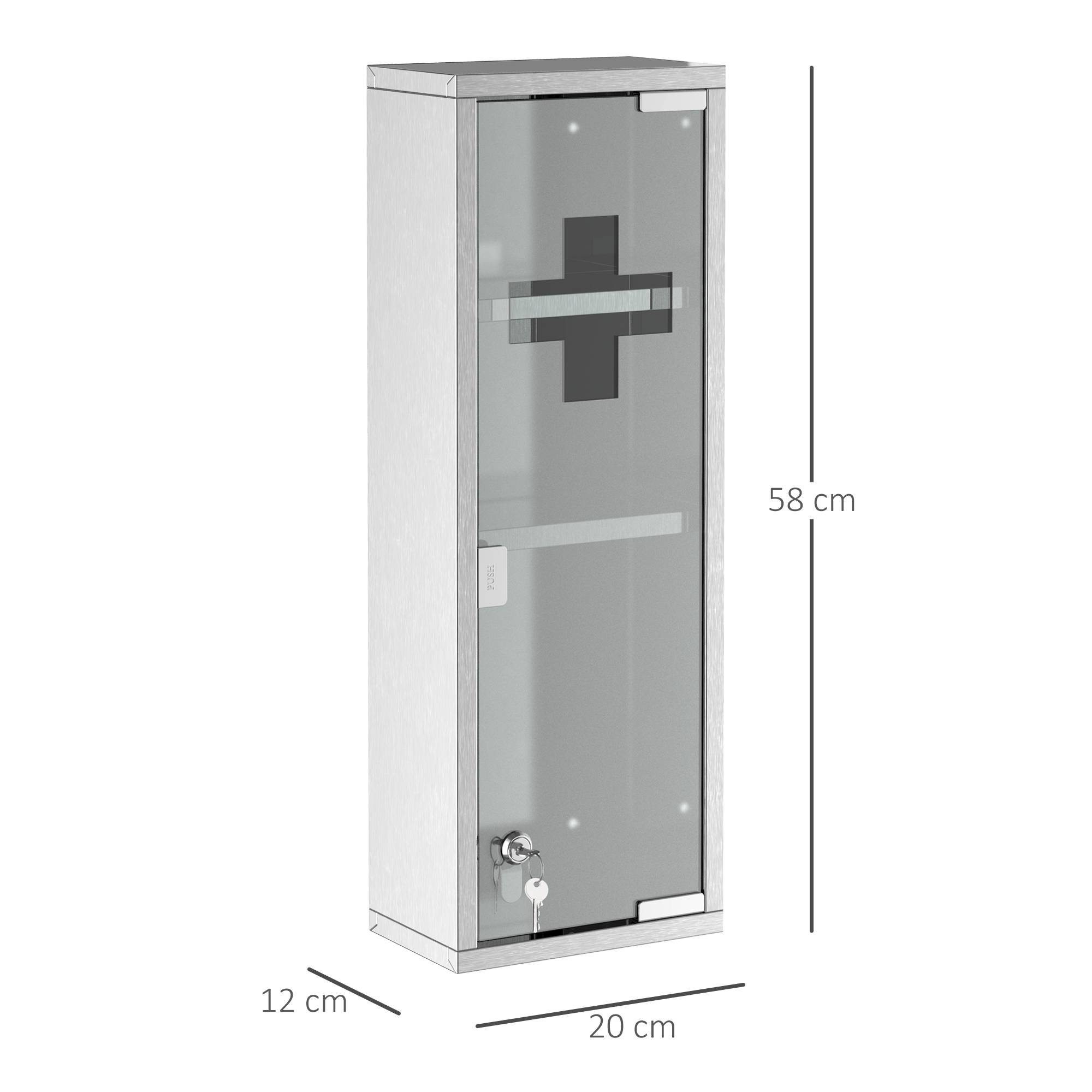 Sans Marque - Armoire Pharmacie 2 étagères 3 Niveaux 20x12x58 cm Porte Verre trempé Symbole Croix Acier INOX - Image 4
