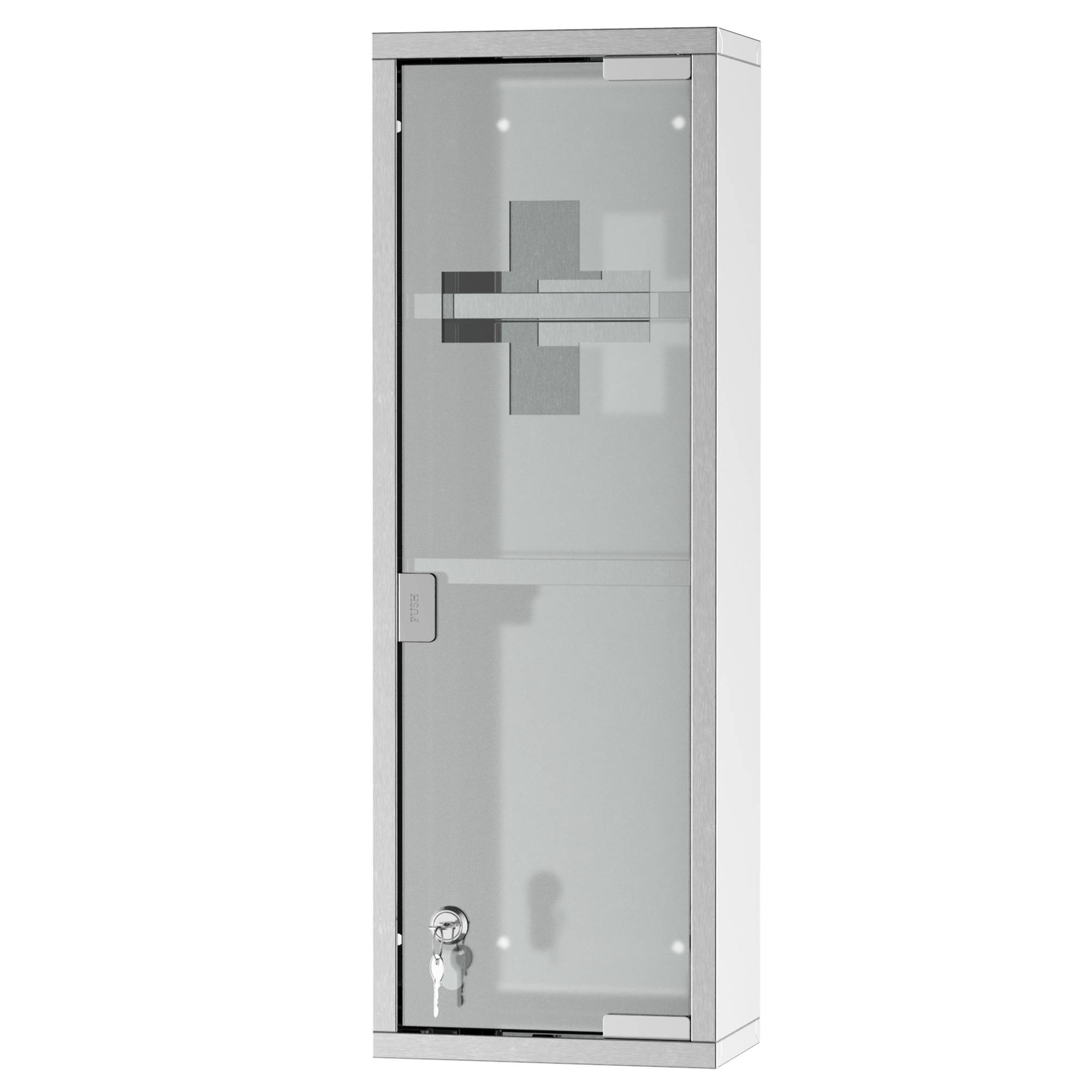 Sans Marque - Armoire Pharmacie 2 étagères 3 Niveaux 20x12x58 cm Porte Verre trempé Symbole Croix Acier INOX - Image 1