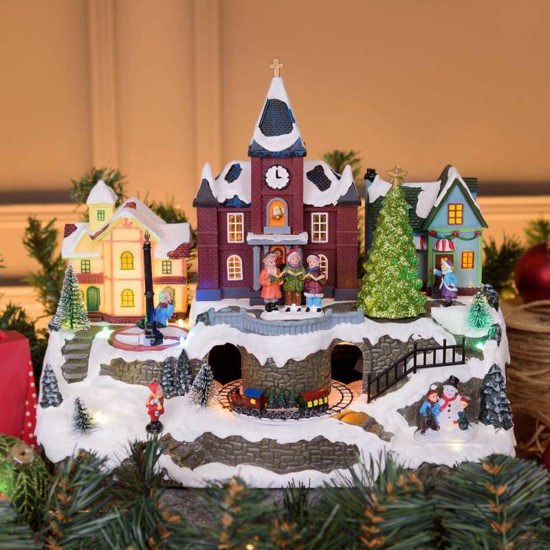 Lotti - Village de noël lumineux Enneigé avec Eglise Petit Train Sapin et Manège pour Enfant en Rotation Musique Lotti - Image 1