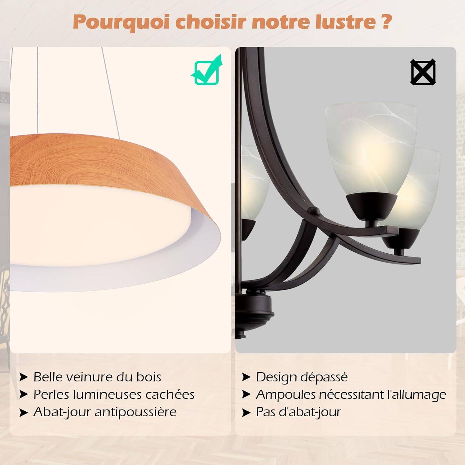 Lustre Suspension Moderne, Luminaire Suspendu LED à Lumière Chaude 3000 K, Ø 40 CM, Naturel - Image 5