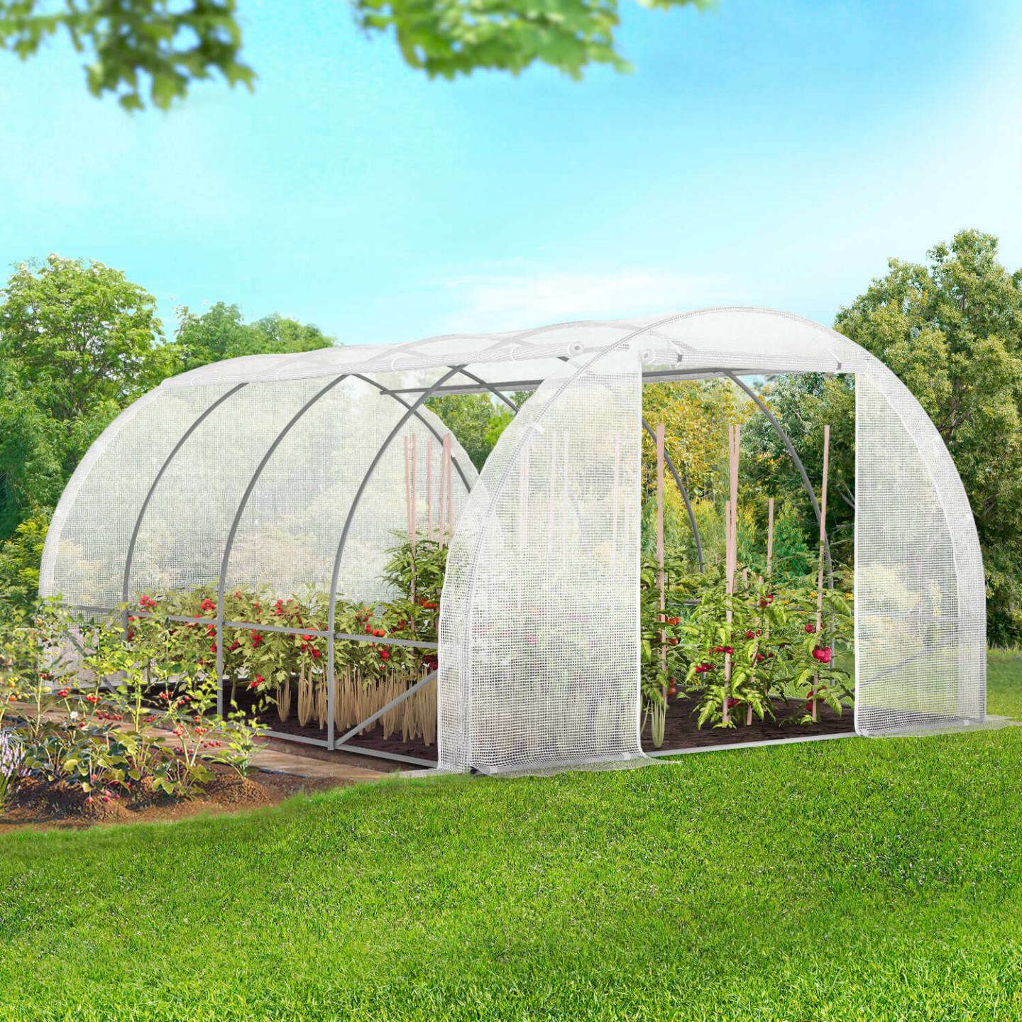 IDMARKET - Serre de jardin tunnel 12m² 4 x 3 x 2 m acier galvanisé + bâche anti-UV avec porte et fenêtres ZEBRA blanches toutes saisons - Image 1