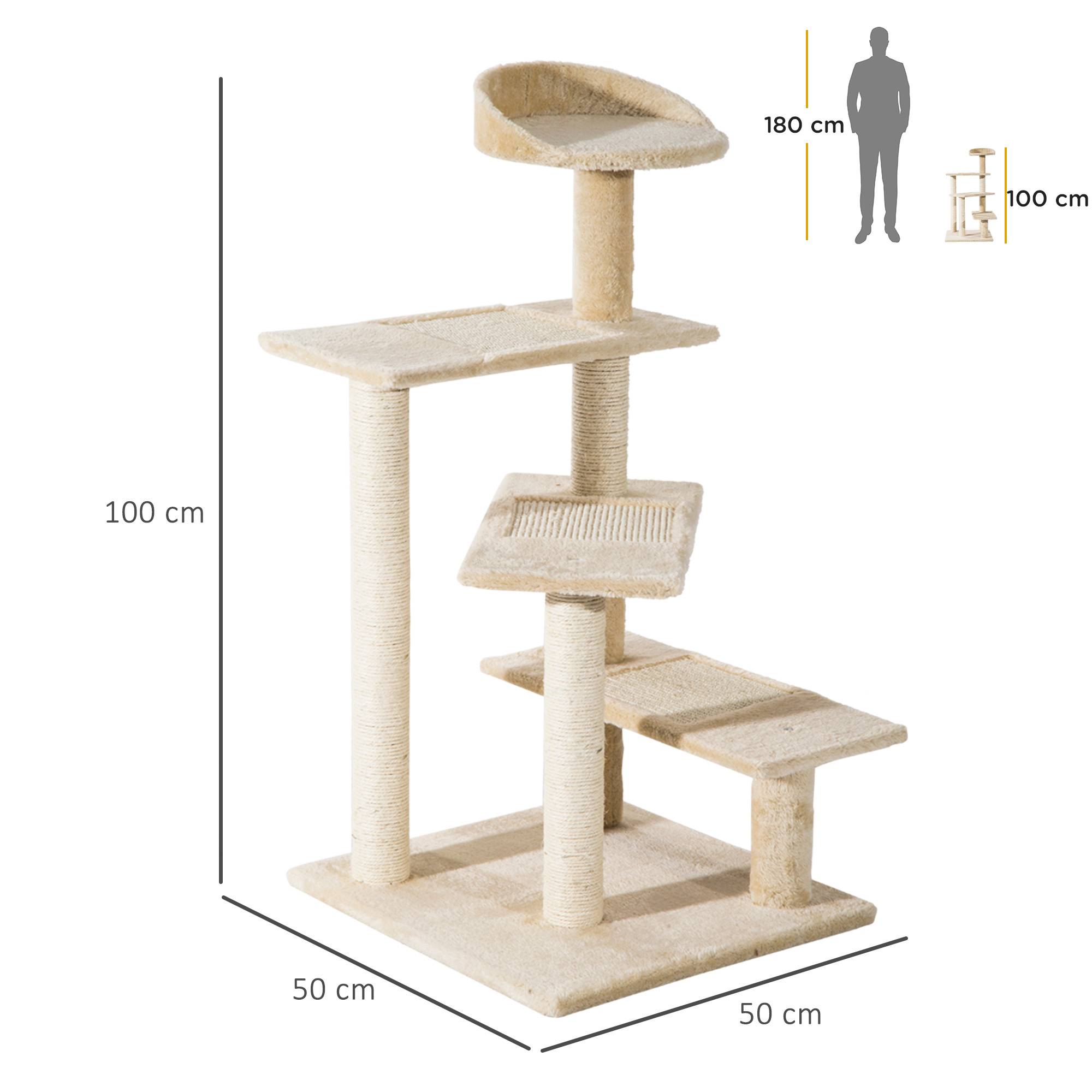 Arbre à Chat Design en Velours avec Lit et Griffoirs en Sisal Tour de Jeu 100 cm Beige - ComfortXL Outdoor Living - Image 5