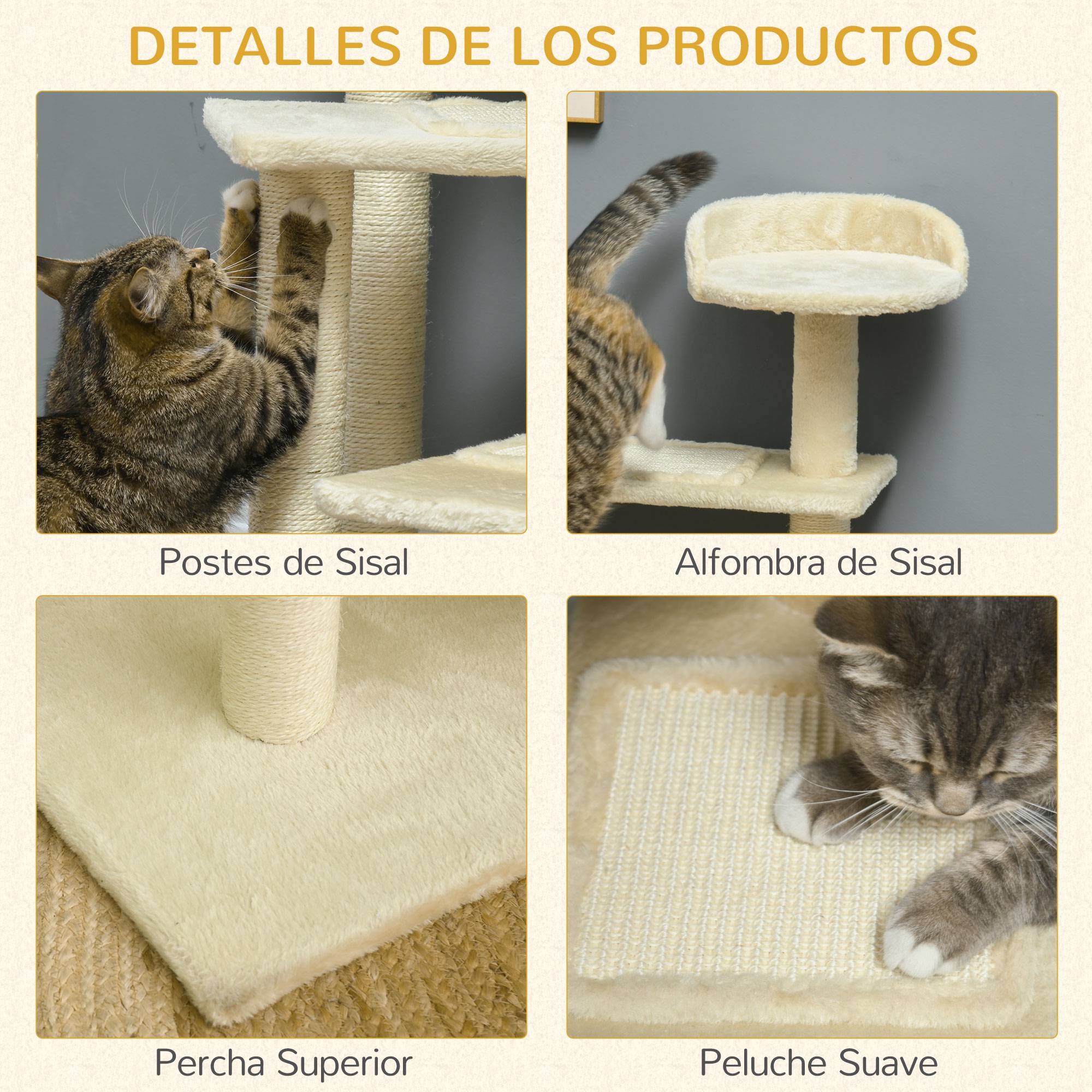 Arbre à Chat Design en Velours avec Lit et Griffoirs en Sisal Tour de Jeu 100 cm Beige - ComfortXL Outdoor Living - Image 8