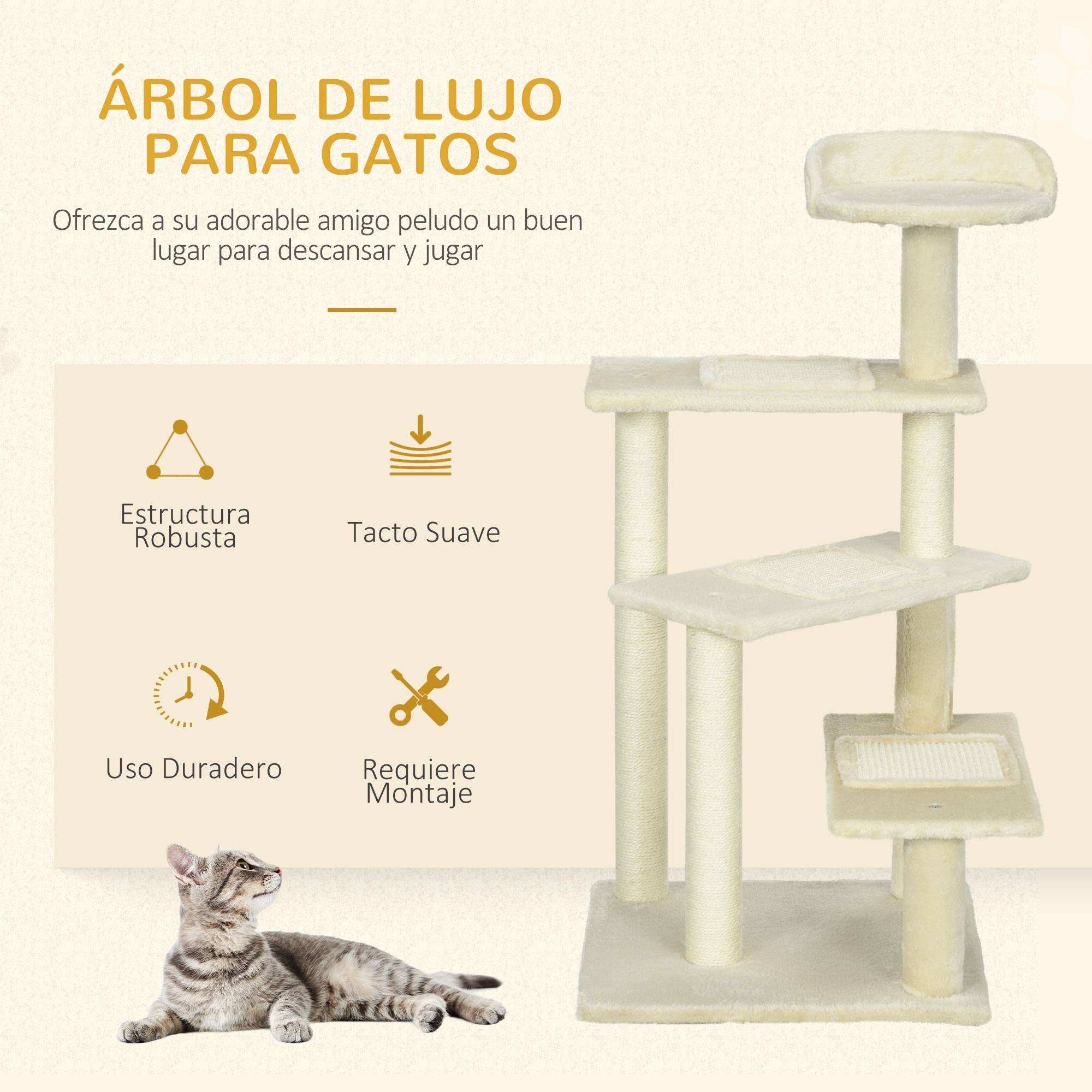 Arbre à Chat Design en Velours avec Lit et Griffoirs en Sisal Tour de Jeu 100 cm Beige - ComfortXL Outdoor Living - Image 6