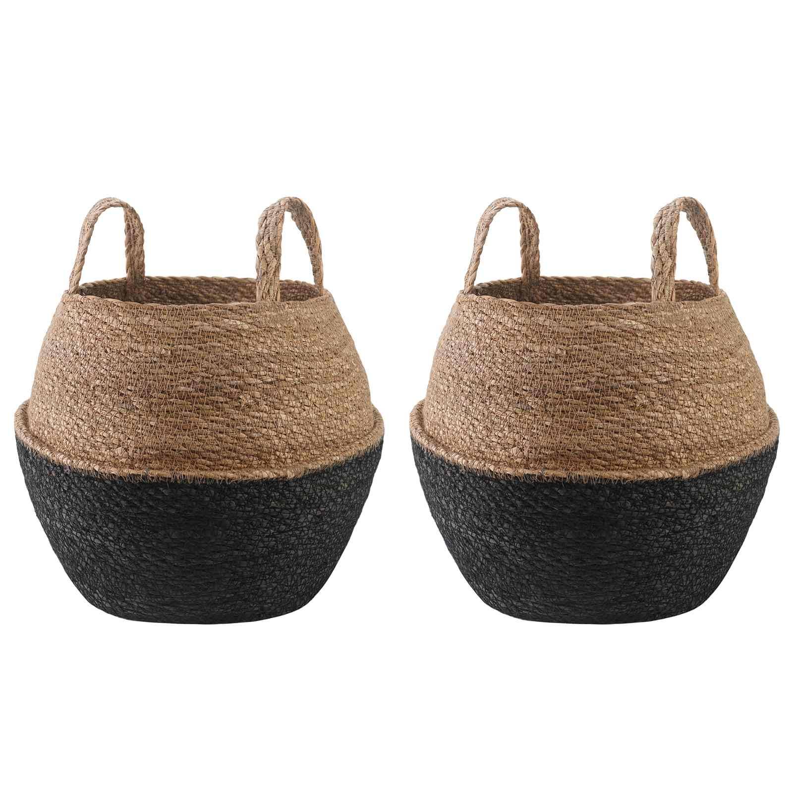 ComfortXL - Lot de 2 cache-pots cylindriques herbe de mer naturelle avec poignées noir 32x32cm - ComfortXL Outdoor Living - Image 1