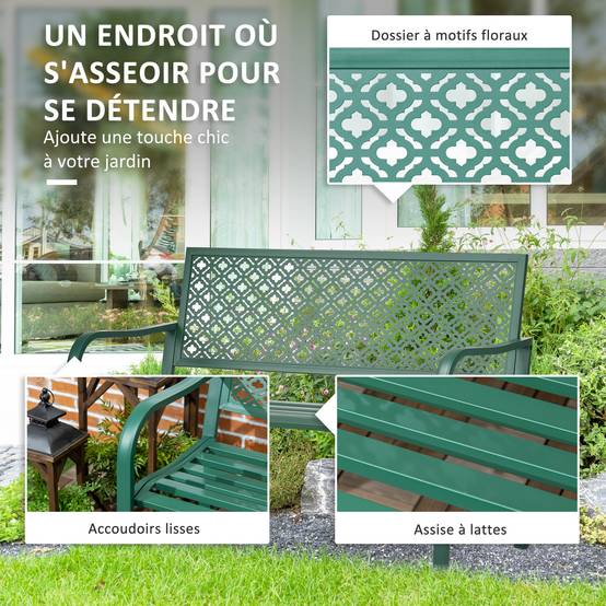 Banc 2 places acier décor floral sur dossier pour balcon terrasse 127 x 63 x 83 cm - Image 6