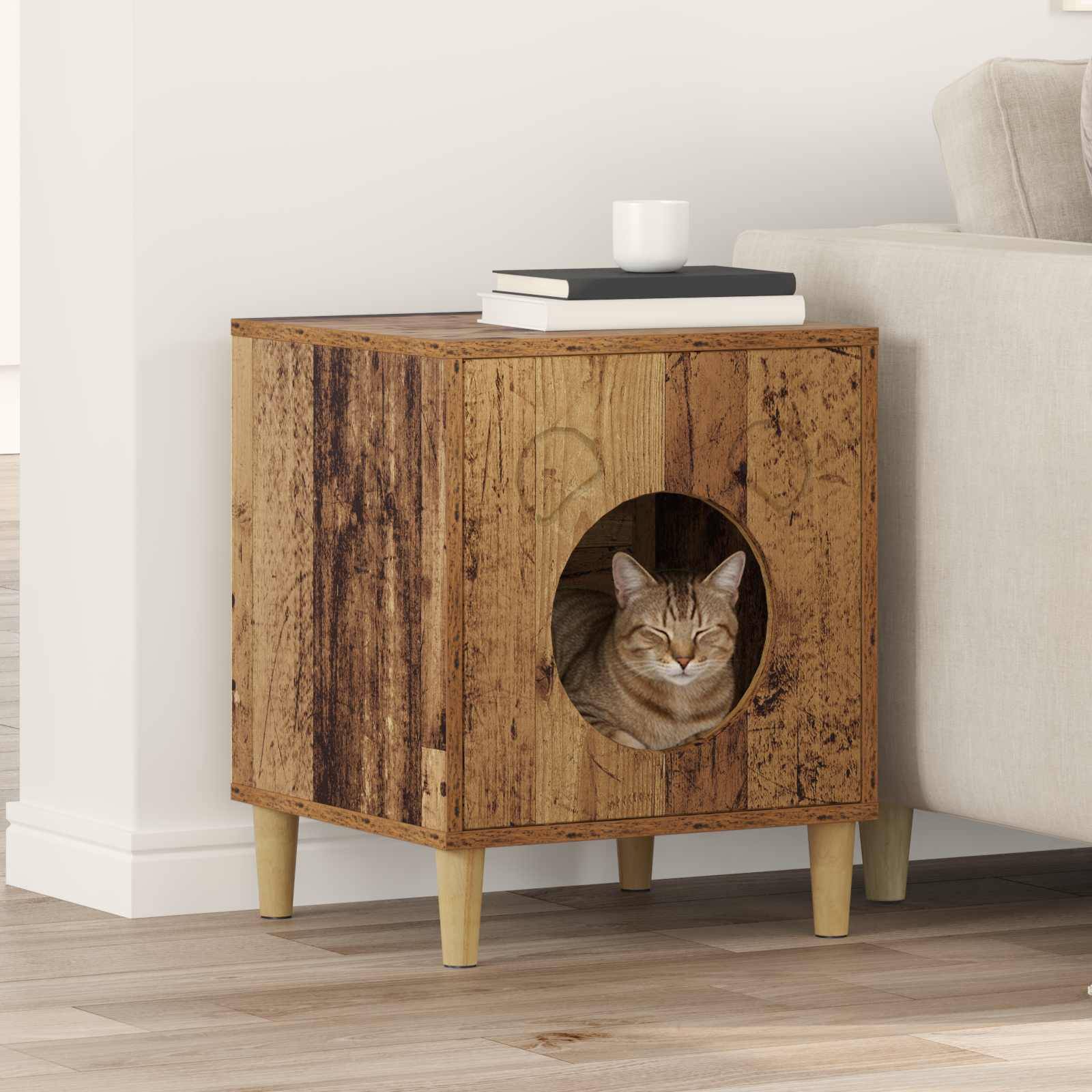 Cube Chat Design Bois Ancien Repos Brun 53cm pour Chat Vintage Solide - ComfortXL Outdoor Living - Image 1
