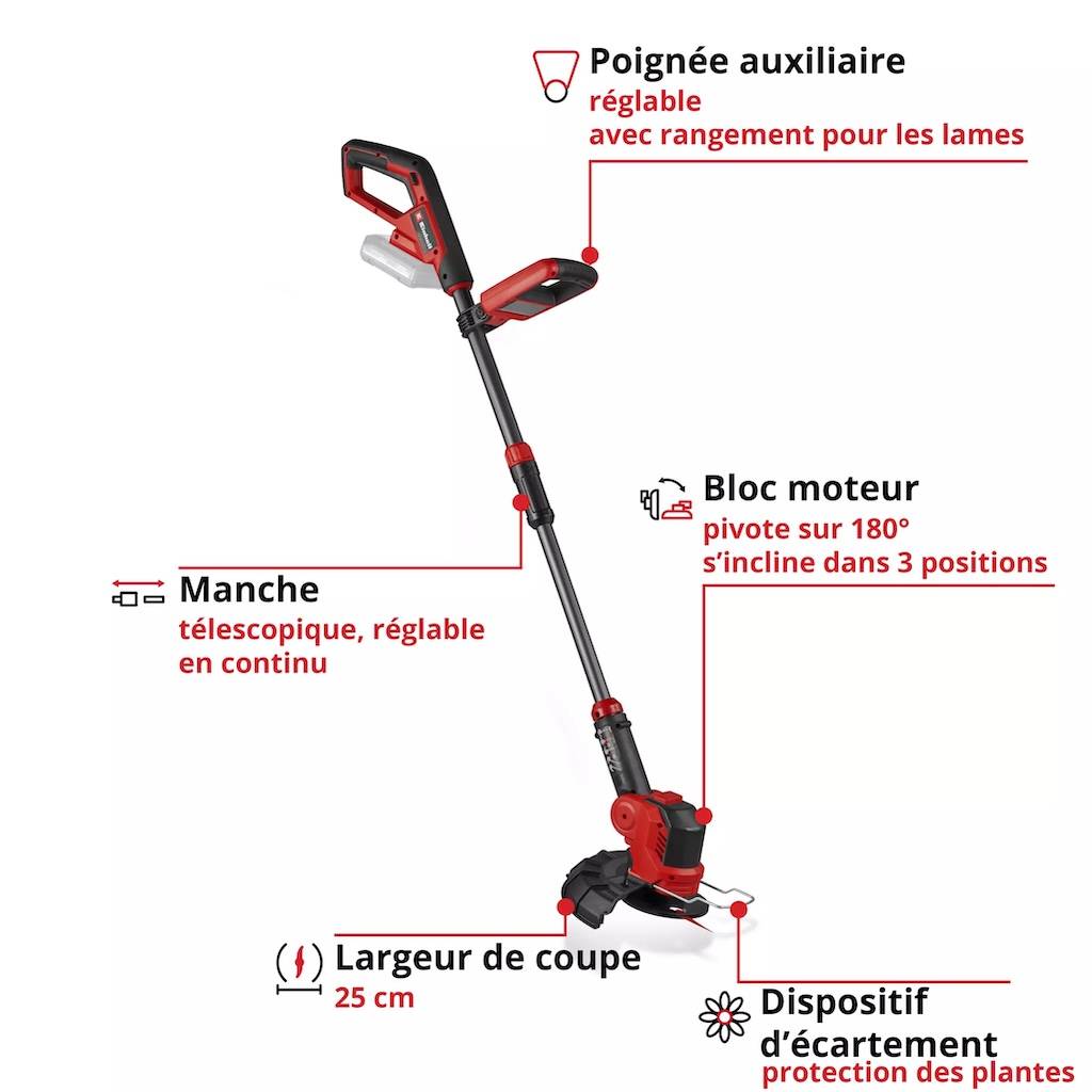 Einhell - Coupe-bordures sans fil – Largeur 25 cm – Manche télescopique – Bloc moteur pivotant – Fonction Edging – 18 V – Lames et fil inclus Einhell - Image 4