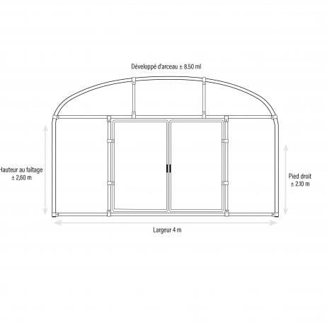 Plastidis - Serre tunnel Deschamps pieds droits larg 4 m pas à 2 m, L 10 m, type 200 microns diffusante Lumisol , Façade 2 portes simples, Sup - Image 6