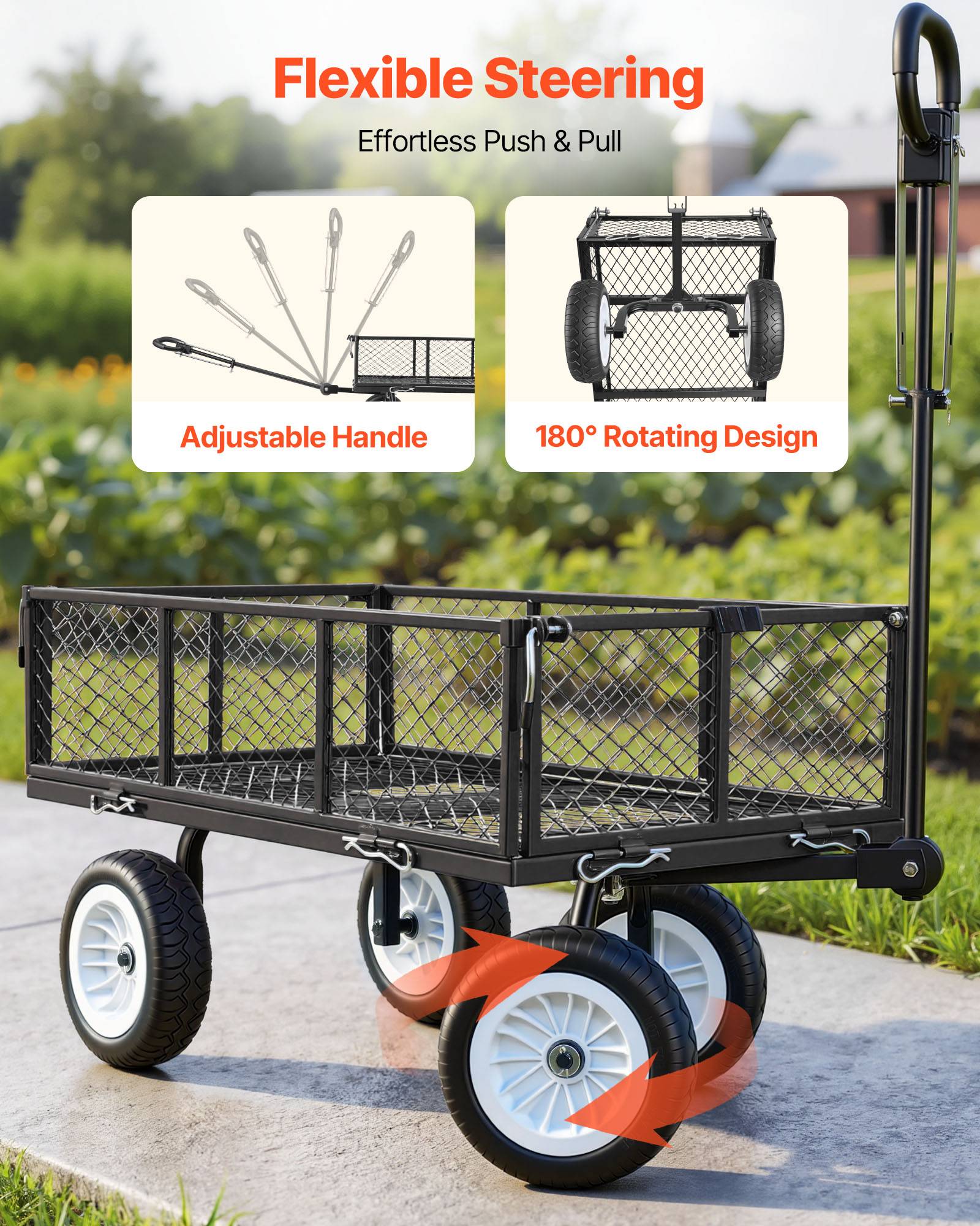 Vevor - VEVOR Chariot de jardin acier 408,2 kg, pneus PU 25,4 cm increvables, côtés amovibles, poignée réglable, compatible tracteur et quad, noir. - Image 5