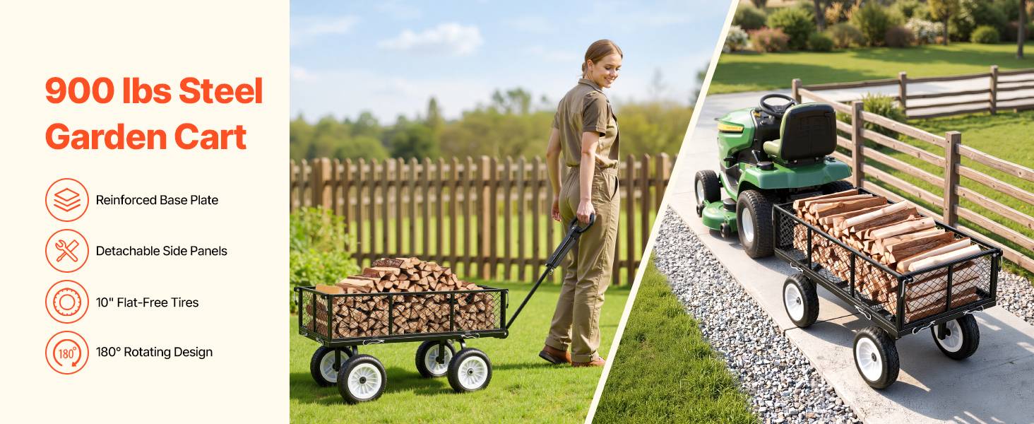 Vevor - VEVOR Chariot de jardin acier 408,2 kg, pneus PU 25,4 cm increvables, côtés amovibles, poignée réglable, compatible tracteur et quad, noir. - Image 9