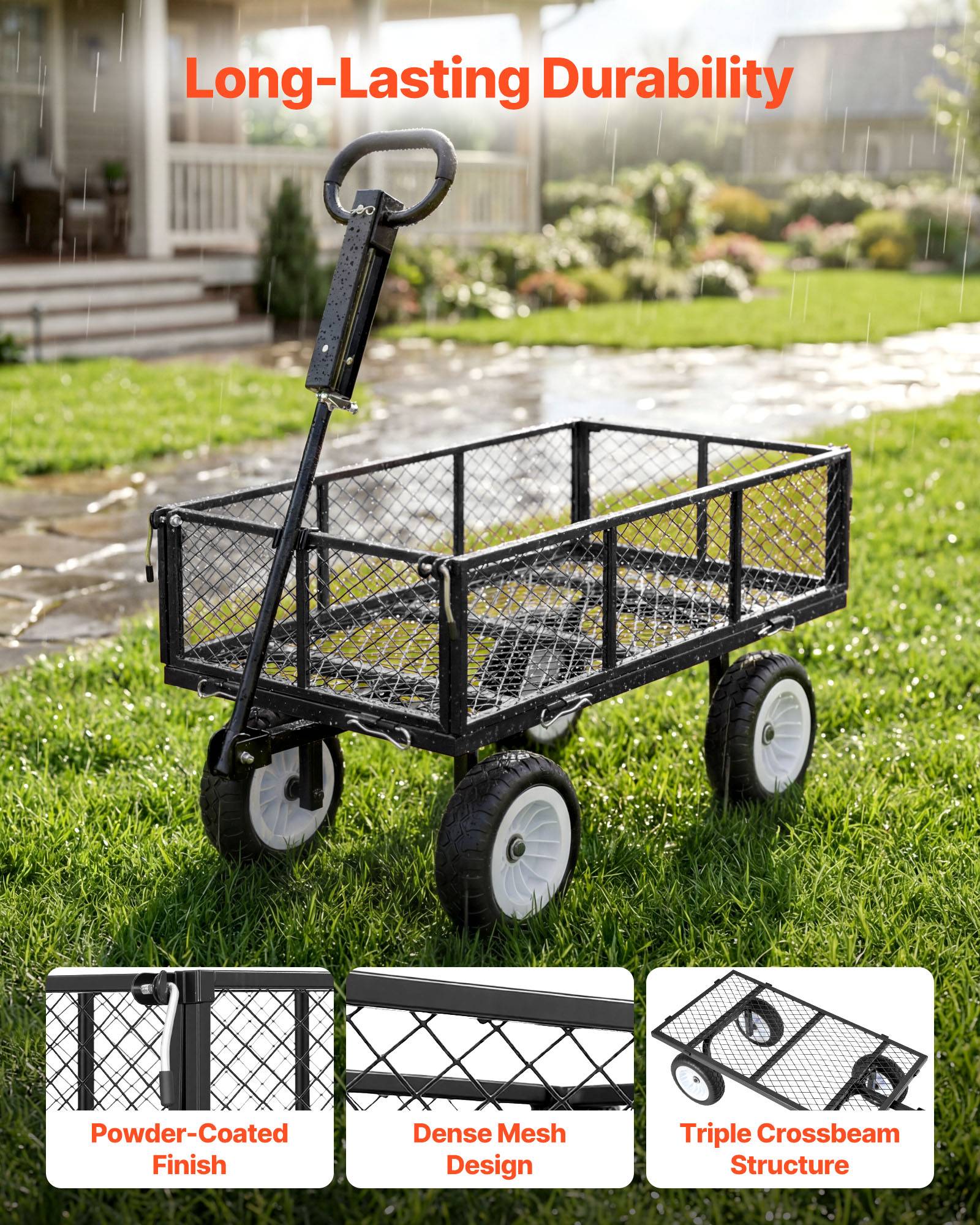 Vevor - VEVOR Chariot de jardin acier 408,2 kg, pneus PU 25,4 cm increvables, côtés amovibles, poignée réglable, compatible tracteur et quad, noir. - Image 3