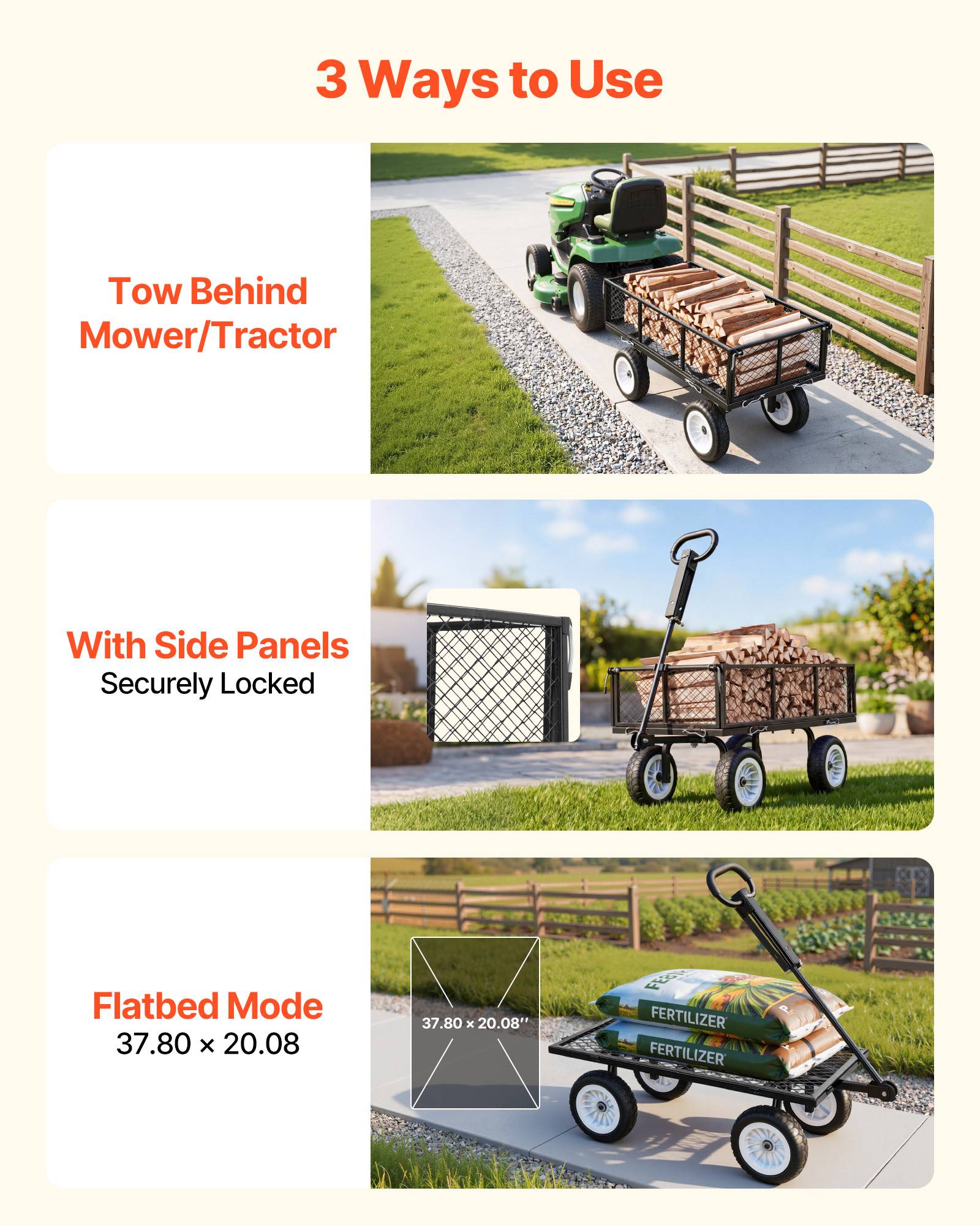 Vevor - VEVOR Chariot de jardin acier 408,2 kg, pneus PU 25,4 cm increvables, côtés amovibles, poignée réglable, compatible tracteur et quad, noir. - Image 7
