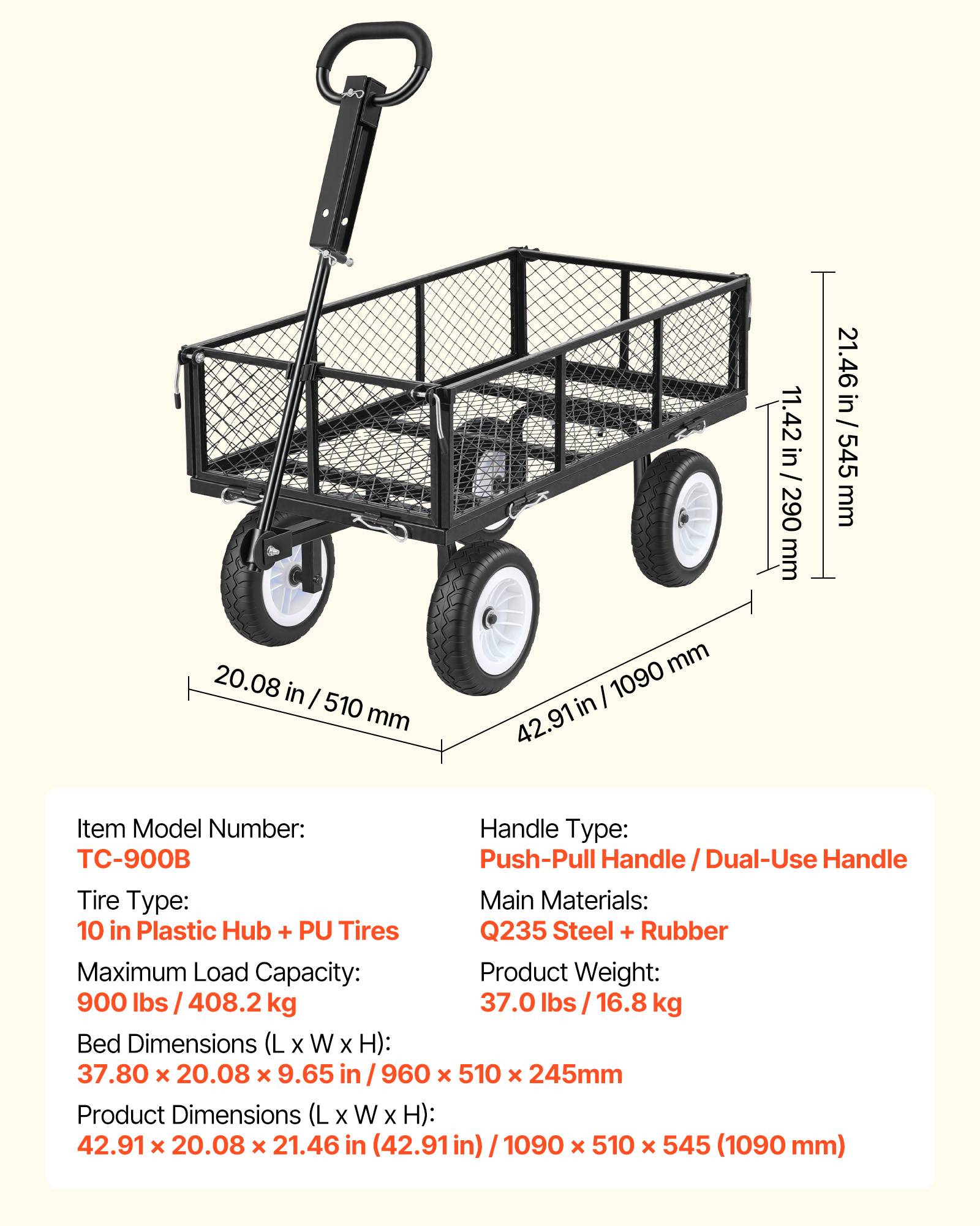 Vevor - VEVOR Chariot de jardin acier 408,2 kg, pneus PU 25,4 cm increvables, côtés amovibles, poignée réglable, compatible tracteur et quad, noir. - Image 6