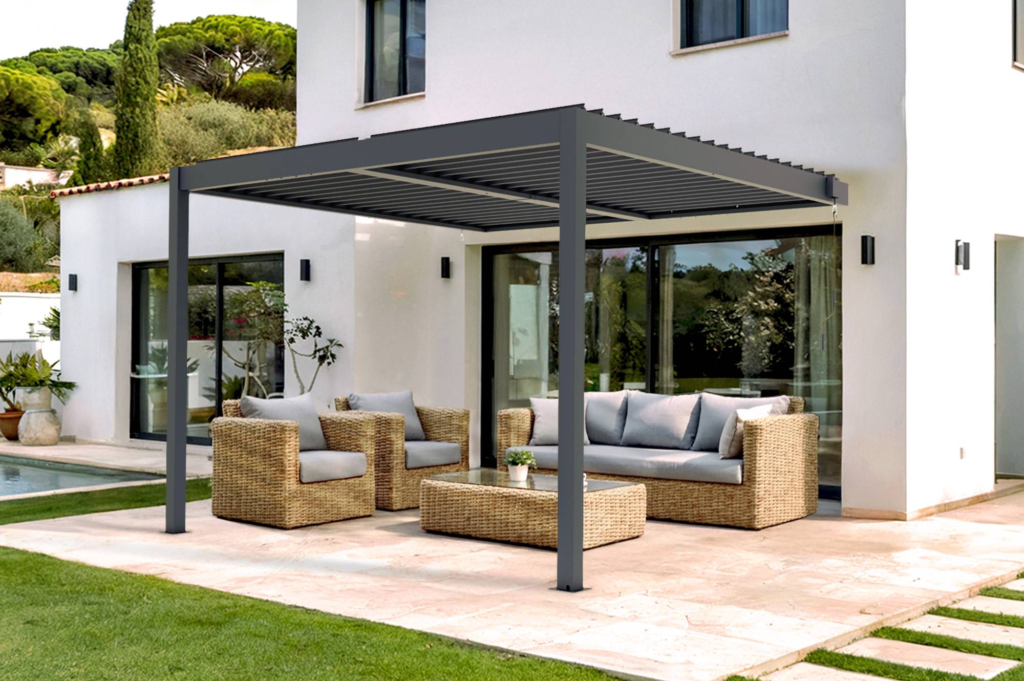 Cazeboo Pergola bioclimatique adossée PIANA 3x3 m aluminium gris - Lames orientables - Image 1