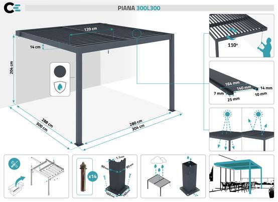 Cazeboo Pergola bioclimatique adossée PIANA 3x3 m aluminium gris - Lames orientables - Image 2