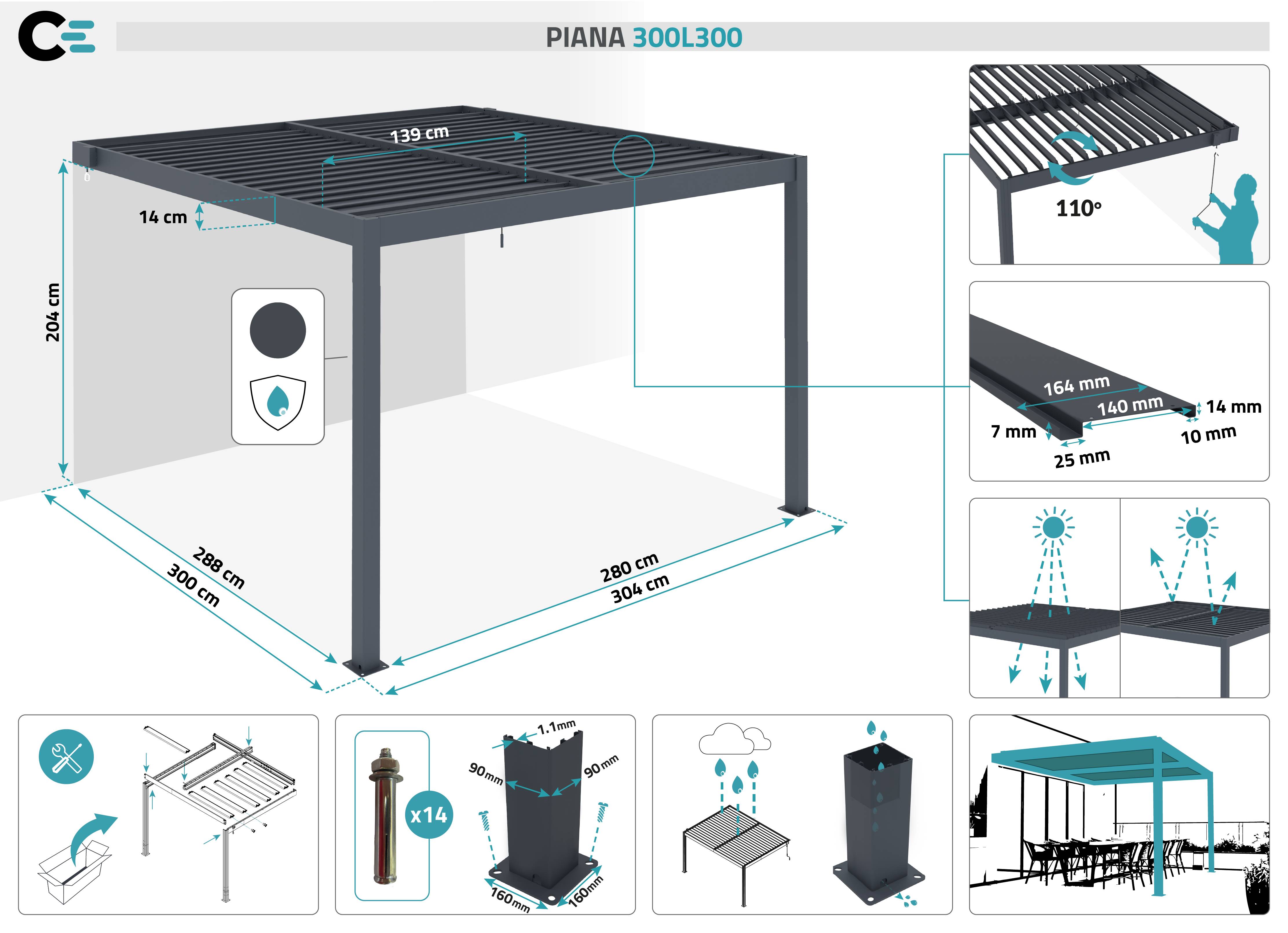 Cazeboo Pergola bioclimatique adossée PIANA 3x3 m aluminium gris - Lames orientables - Image 2