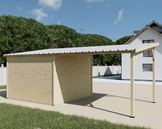 Habrita - Abri Madriers bois massif - 28 mm - surface extérieur 18,06 m2 avec bûcher- Toit monopente -couverture bac acier - Image 4