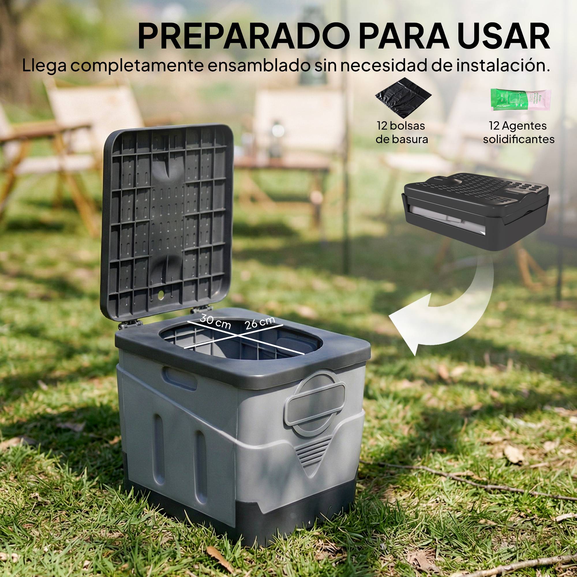 Toilettes portables en polypropylène avec 12 sachets de produit solidifiant et 12 sacs, capacité de charge de 100 kg, gris foncé - Image 9