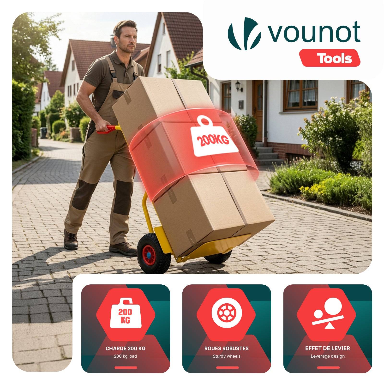 Vounot - Diable de transport pliable 200kg - Chariot de manutention avec roues gonflables et poignées ergonomiques - Jaune - VOUNOT® - Image 7