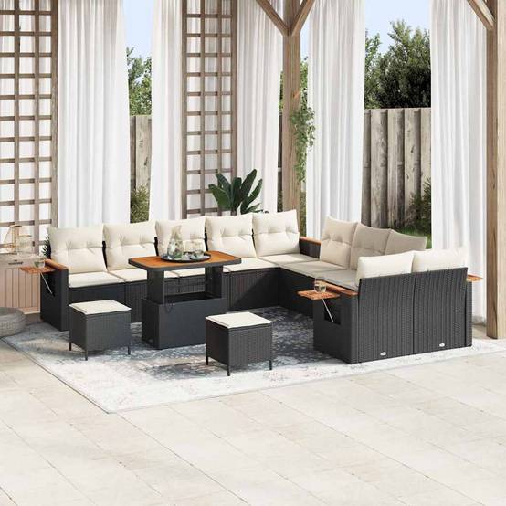 Ensemble Canapés 13 Pièces Poly Rotin Noir et Crème avec Table Rectangulaire et Coffres Rangement – ComfortXL Outdoor Living - Image 1