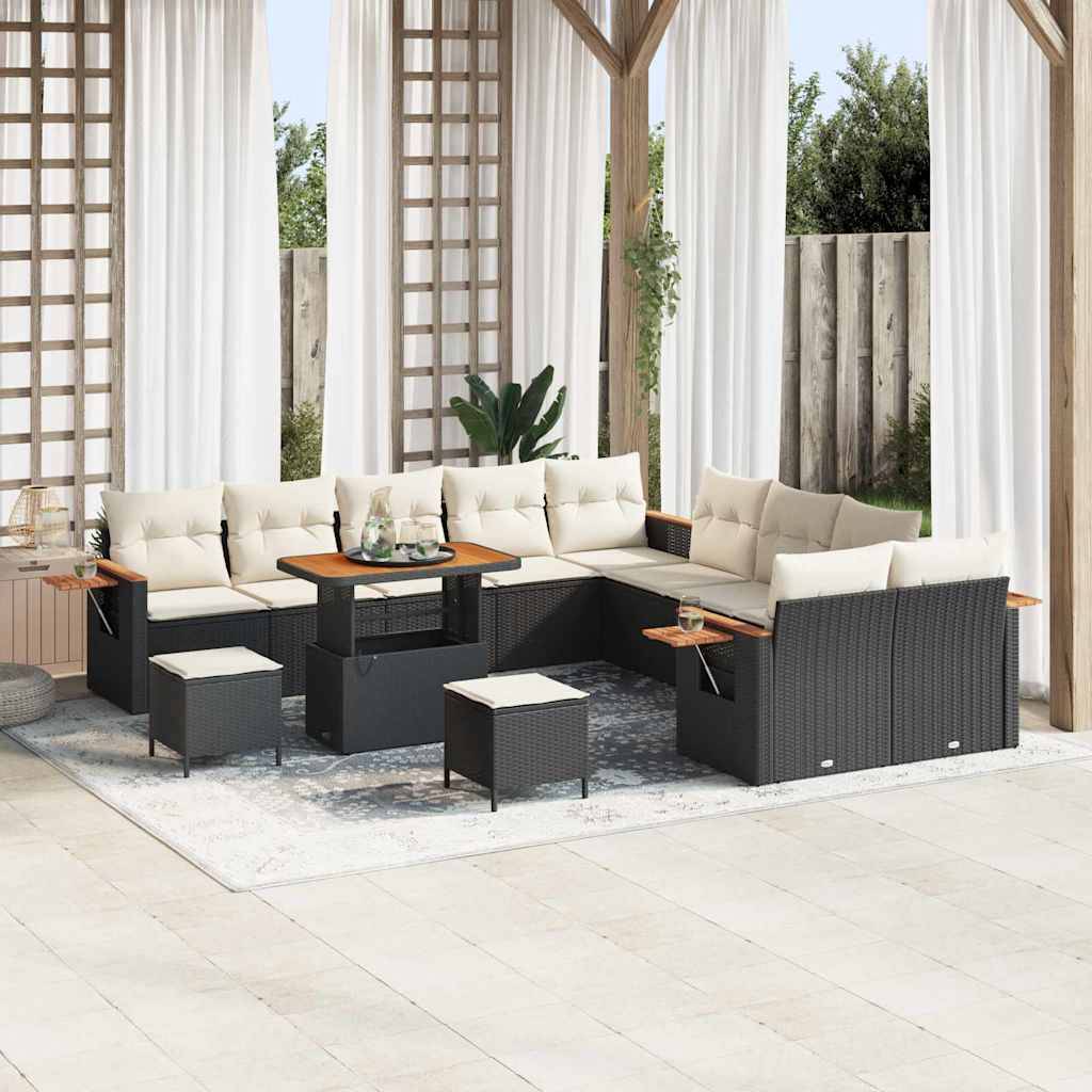 Ensemble Canapés 13 Pièces Poly Rotin Noir et Crème avec Table Rectangulaire et Coffres Rangement – ComfortXL Outdoor Living - Image 1