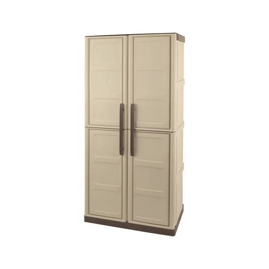 Dmora - Armoire d'extérieur Avelgem, Armoire de balcon polyvalente, armoire à balais 2 portes, 70x47h178 cm, Beige et Marron, Finition damier - Dmora - Image 1